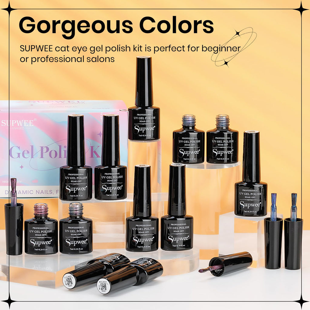 SUPWEE Cat Eye Gel Polish Kit — 12 Magnetic Colors with Stick for Galaxy Cat Eye Nails