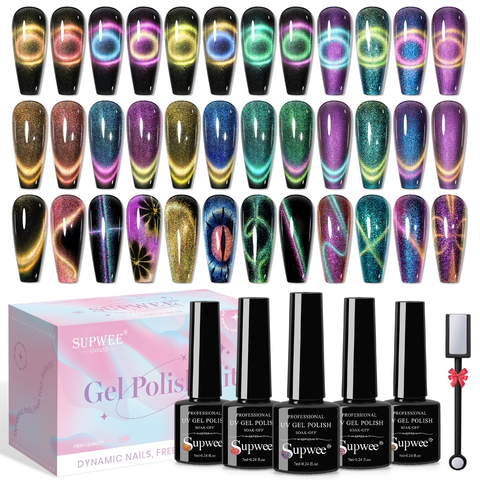 SUPWEE Cat Eye Gel Polish Kit — 12 Magnetic Colors with Stick for Galaxy Cat Eye Nails