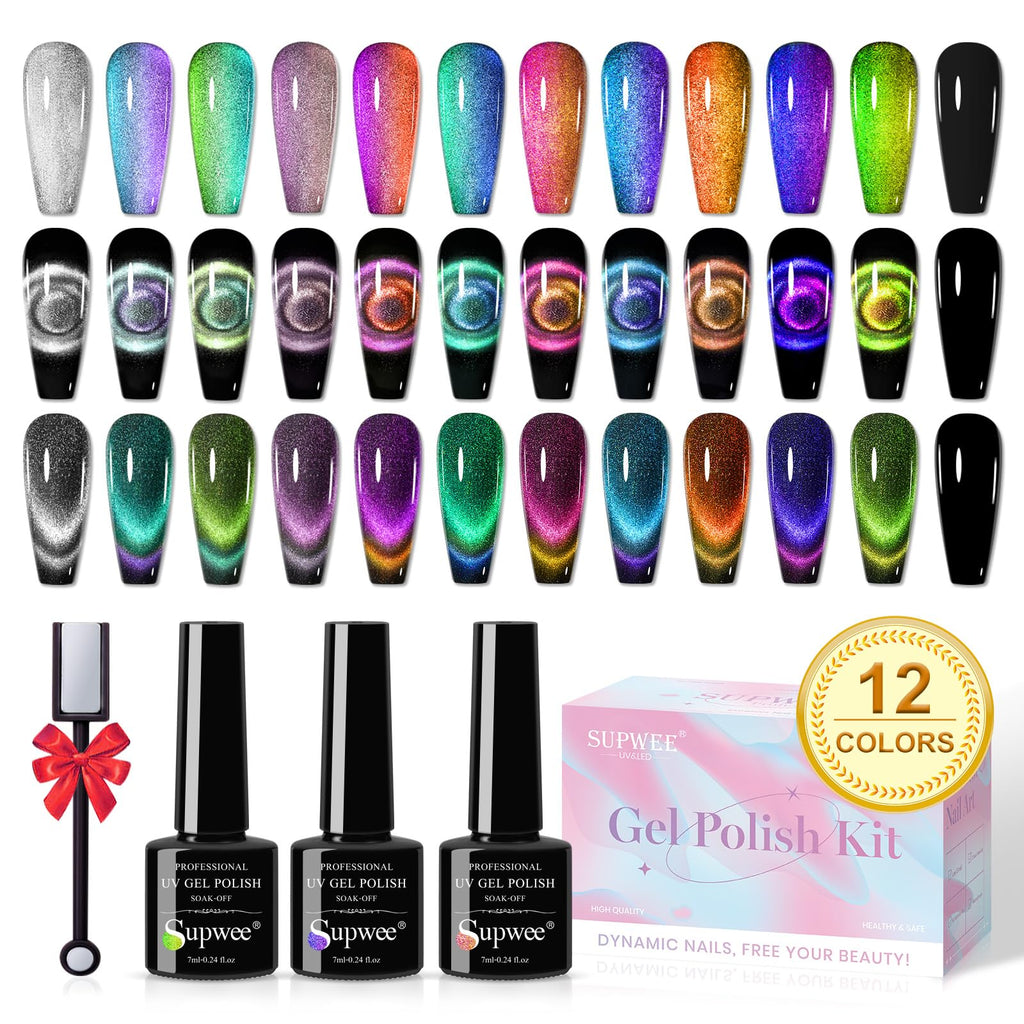SUPWEE Cat Eye Gel Nail Polish Set — 12 Colors with Magnetic Lamp for Home Manicure