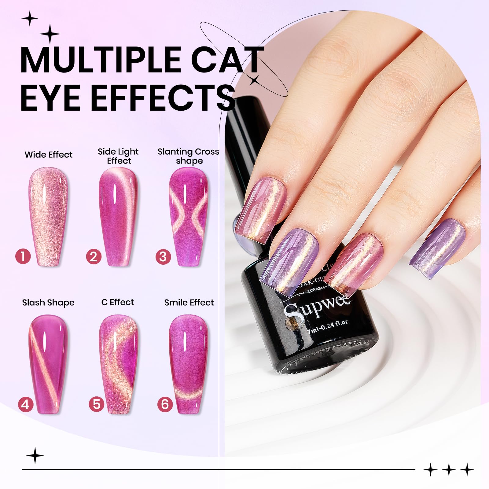 SUPWEE Cat Eye Gel Nail Polish Set – 12 Magnetic Colors with Holographic Glitter | DIY Home Manicure
