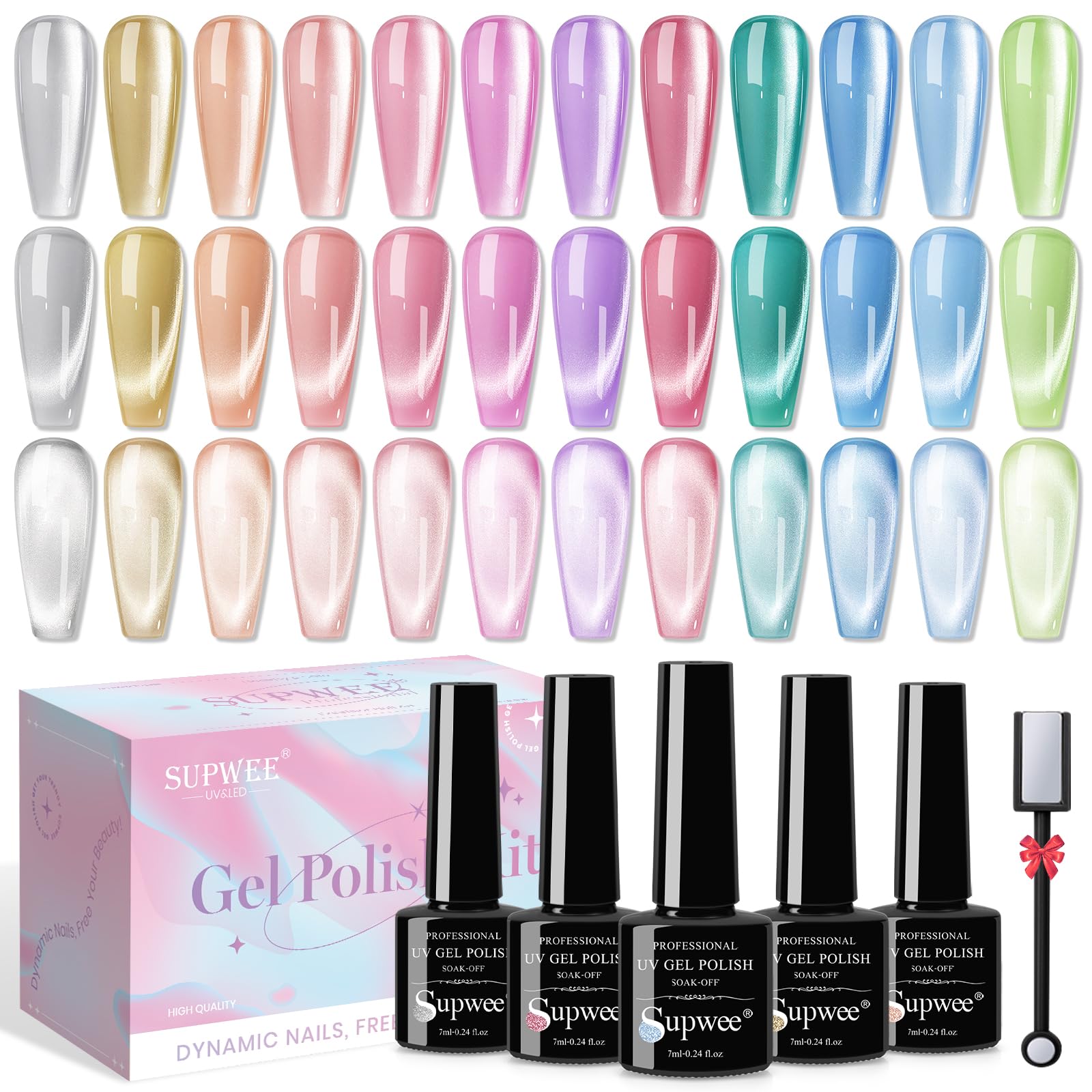 SUPWEE Cat Eye Gel Nail Polish – 12 Colors Silk Cateye Magnetic Gel Kit with Moonlight Shine