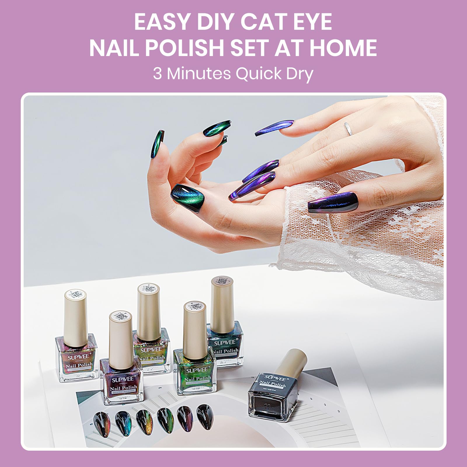 SUPWEE 9D Magnetic Cat Eye Nail Polish Set – Quick-Dry, No UV Lamp, High Gloss