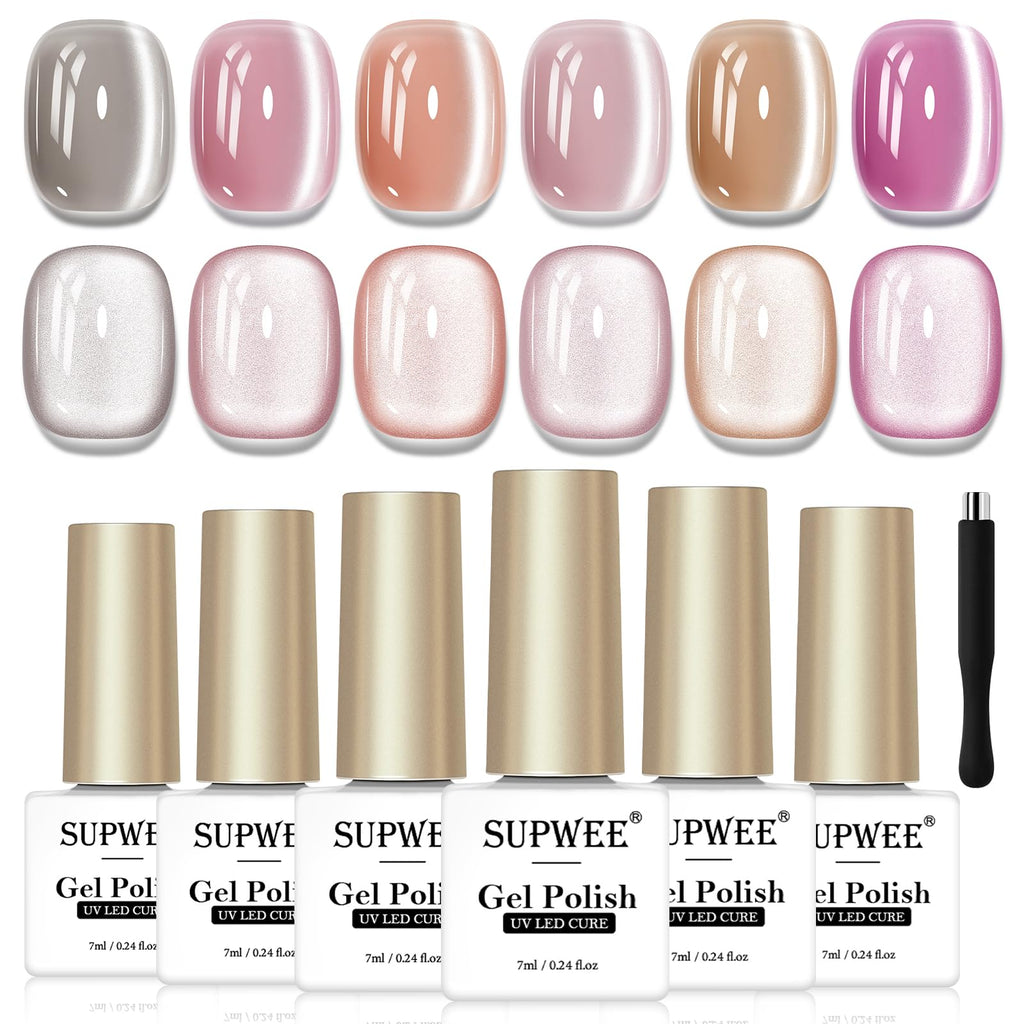 SUPWEE Cat Eye Gel Nail Polish Set – 6 Magnetic Colors, UV Lamp Cured