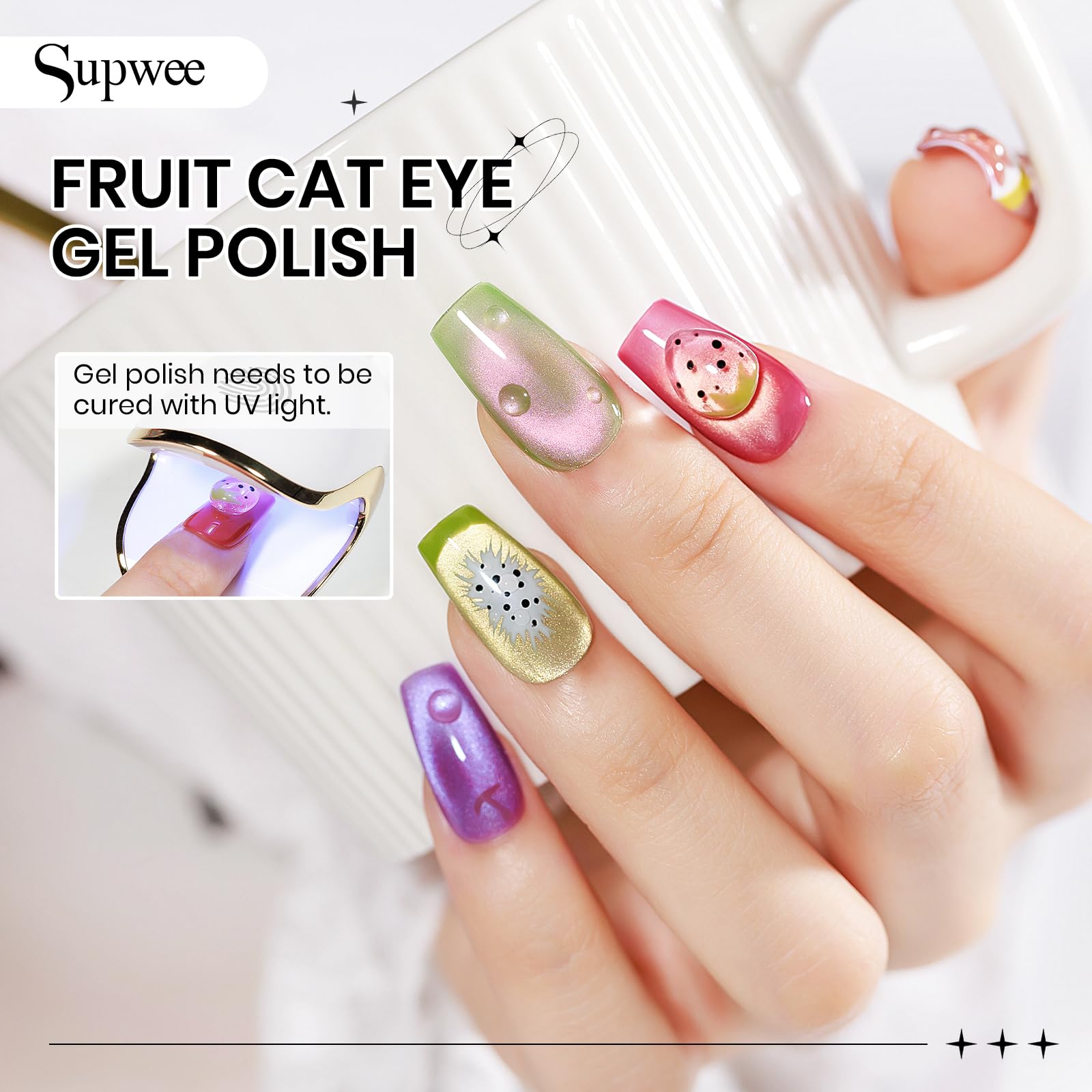 SUPWEE Cat Magnetic Eye Gel Polish – 12 Fruit Colors, DIY Cat Eye Kit with Magnetic Stick