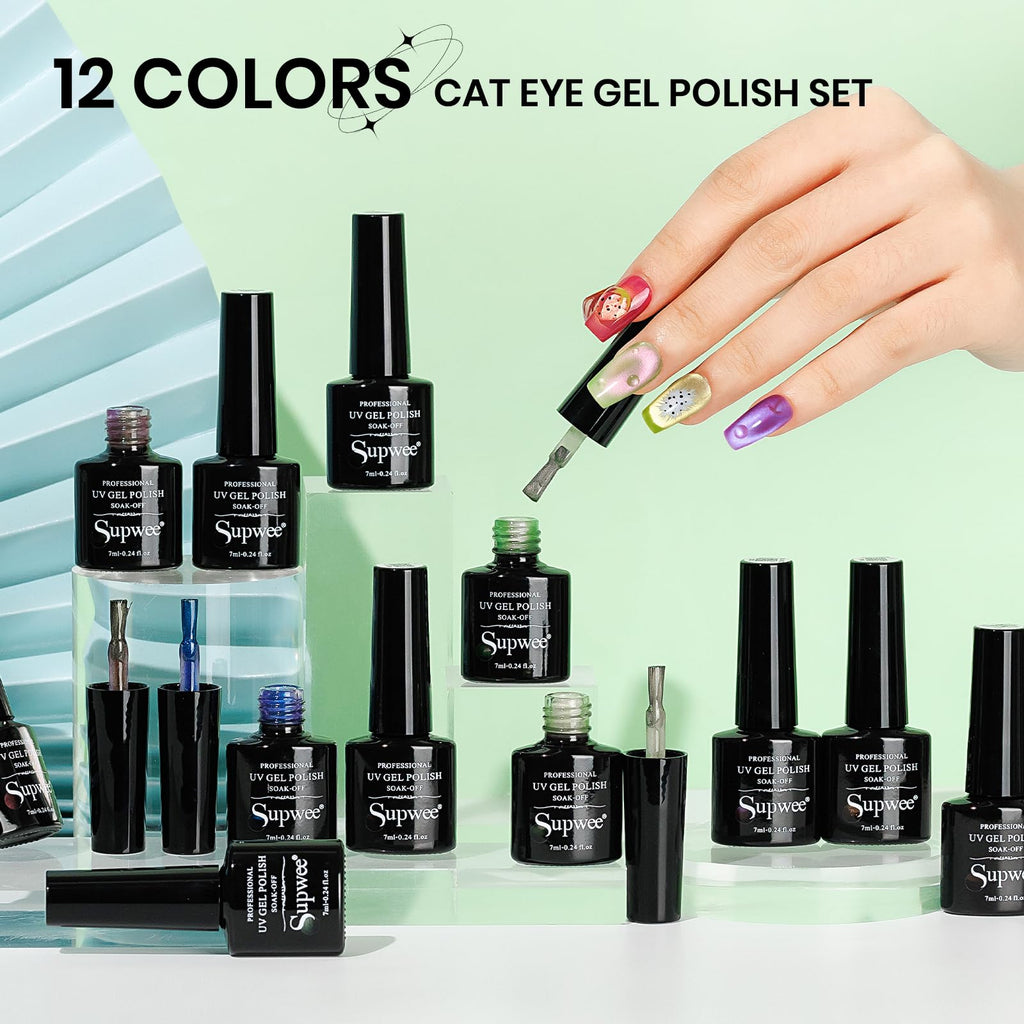 SUPWEE Cat Magnetic Eye Gel Polish – 12 Fruit Colors, DIY Cat Eye Kit with Magnetic Stick
