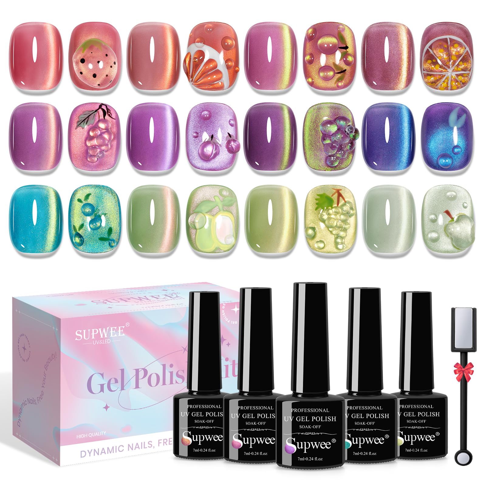 SUPWEE Cat Magnetic Eye Gel Polish – 12 Fruit Colors, DIY Cat Eye Kit with Magnetic Stick