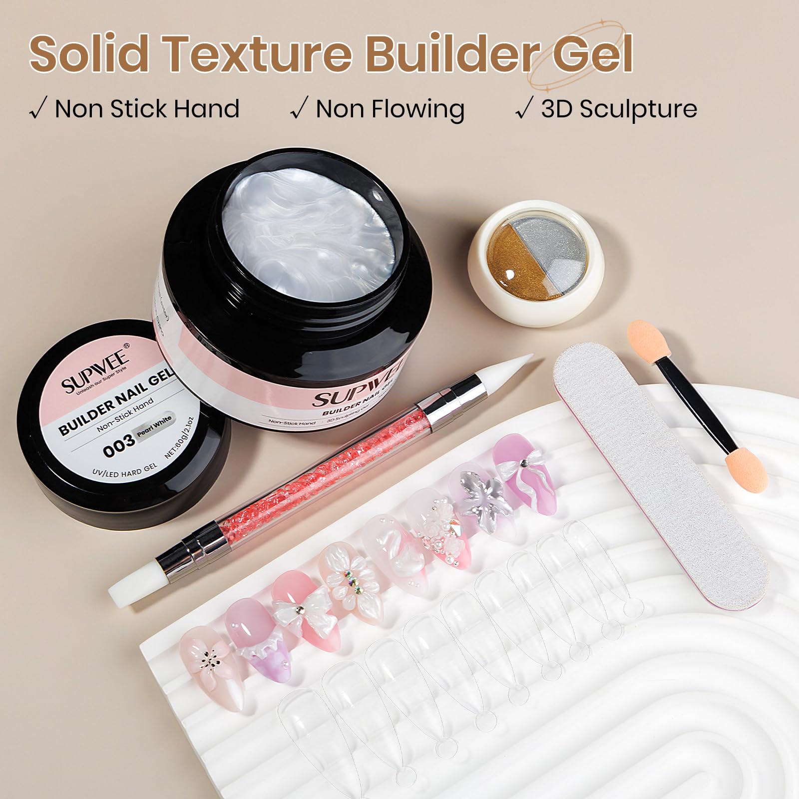 SUPWEE 3D Sculpting Gel for Nail Art | 60g Pearl White Builder Gel with Chrome Powder