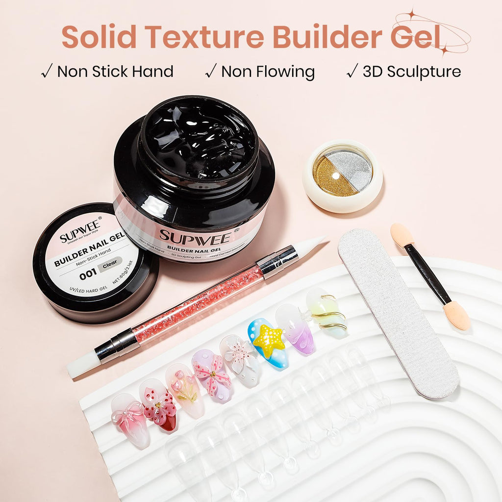 SUPWEE Solid Builder Nail Gel 60g – Clear 3D Sculpting Gel with Chrome Powder for Home DIY Manicure