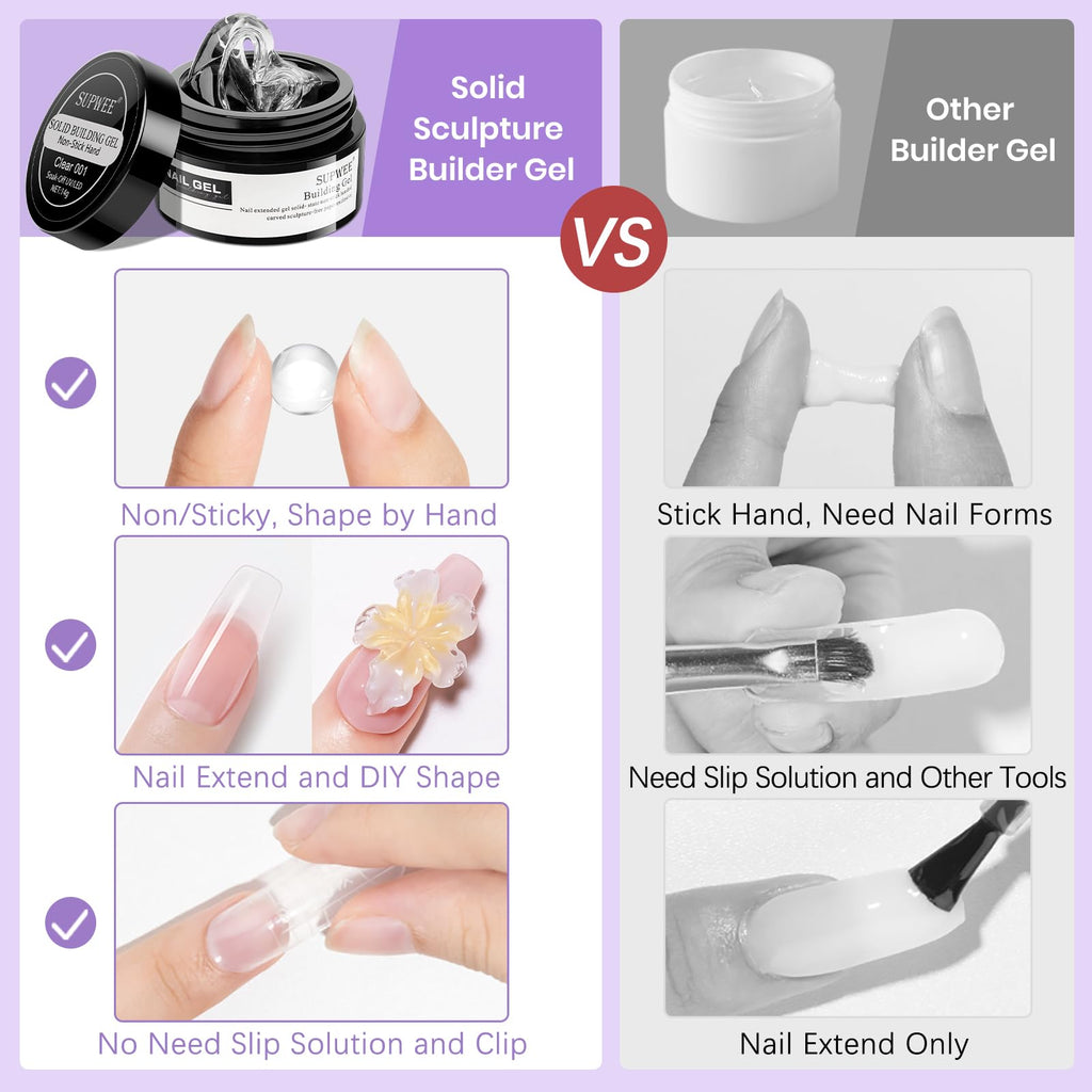 SUPWEE 3D Sculpting Gel Kit for Nails | Non-Stick Builder Gel in Clear, White & Pearl White