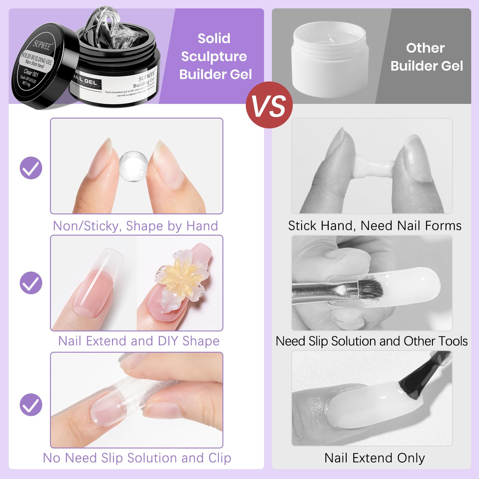 SUPWEE 3D Sculpting Gel Kit for Nails | Non-Stick Builder Gel in Clear, White & Pearl White