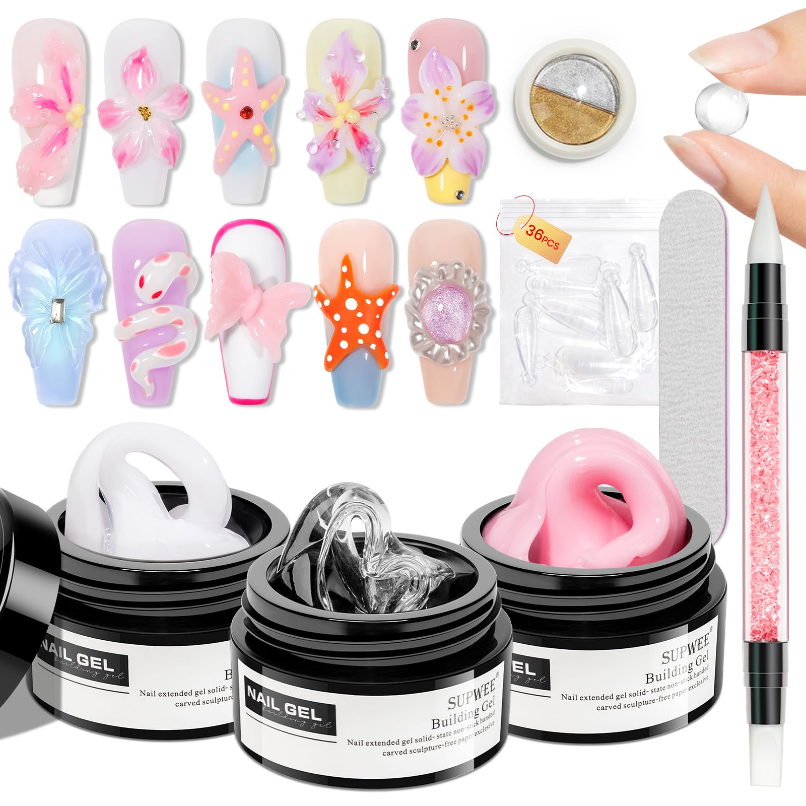SUPWEE Clear White Pink Solid Builder Gel Kit for Nails | 3D Nail Art & Extensions