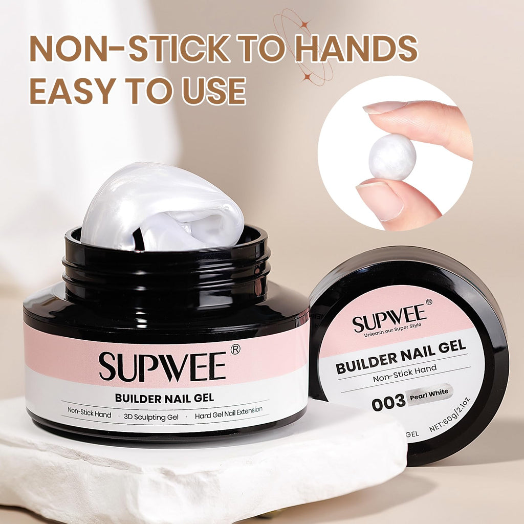 SUPWEE 3D Sculpting Gel for Nail Art | 60g Pearl White Builder Gel with Chrome Powder