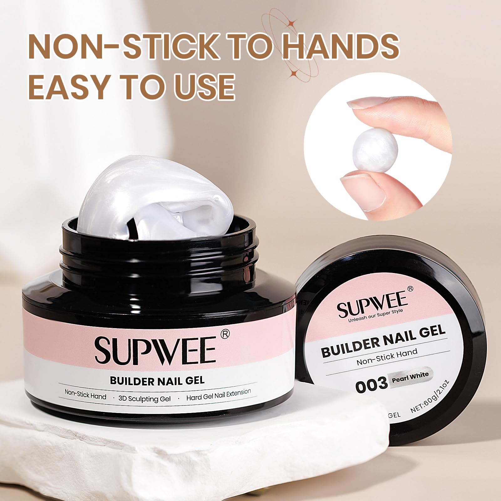 SUPWEE 3D Sculpting Gel for Nail Art | 60g Pearl White Builder Gel with Chrome Powder