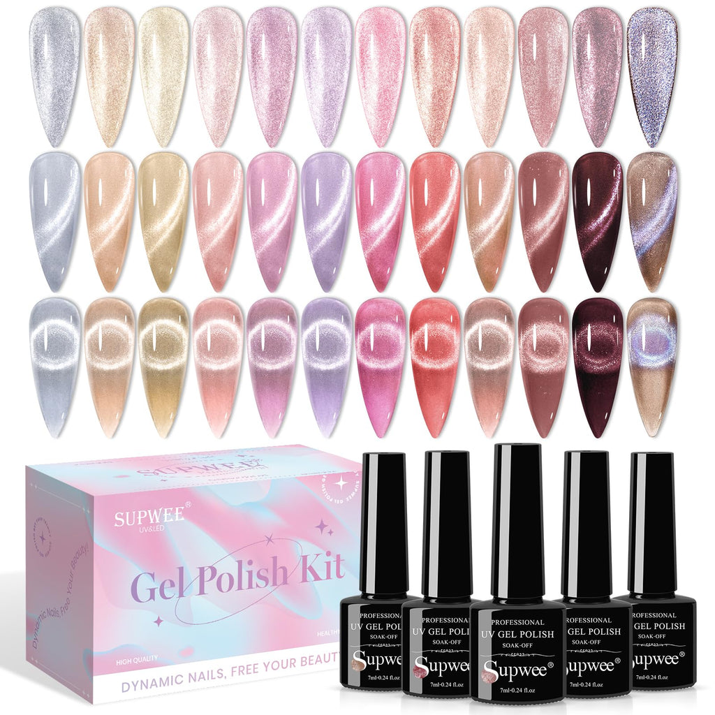 SUPWEE Crystal Cat Eye Gel Nail Polish – 12 Colors with Magnetic Stick