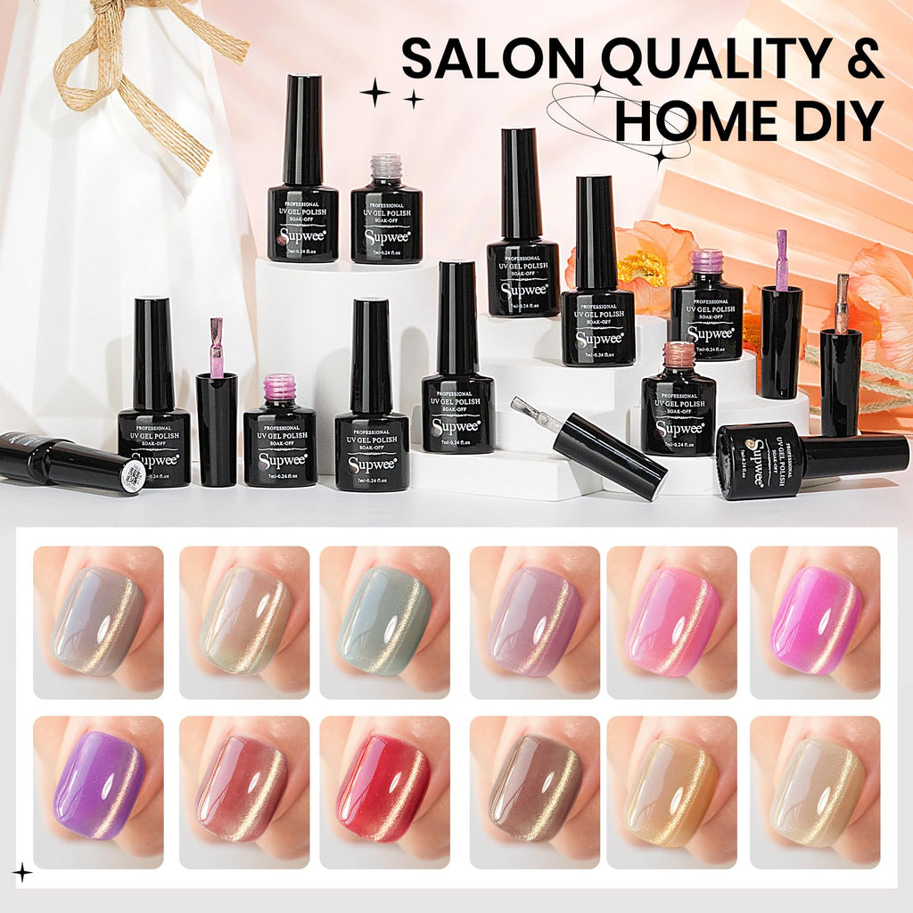 SUPWEE Cat Eye Gel Nail Polish Set — 12 Magnetic Colors + Magnetic Stick