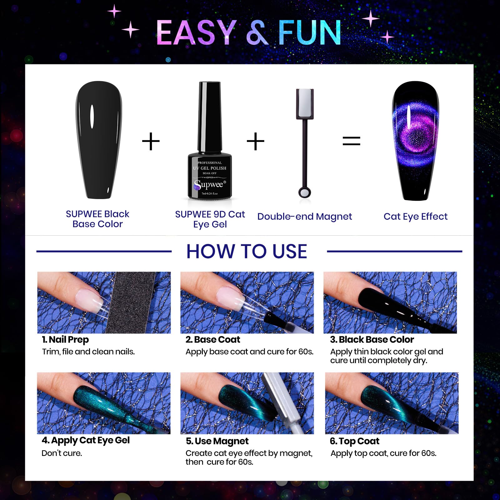 SUPWEE Cat Eye Gel Nail Polish Set — 12 Colors with Magnetic Lamp for Home Manicure