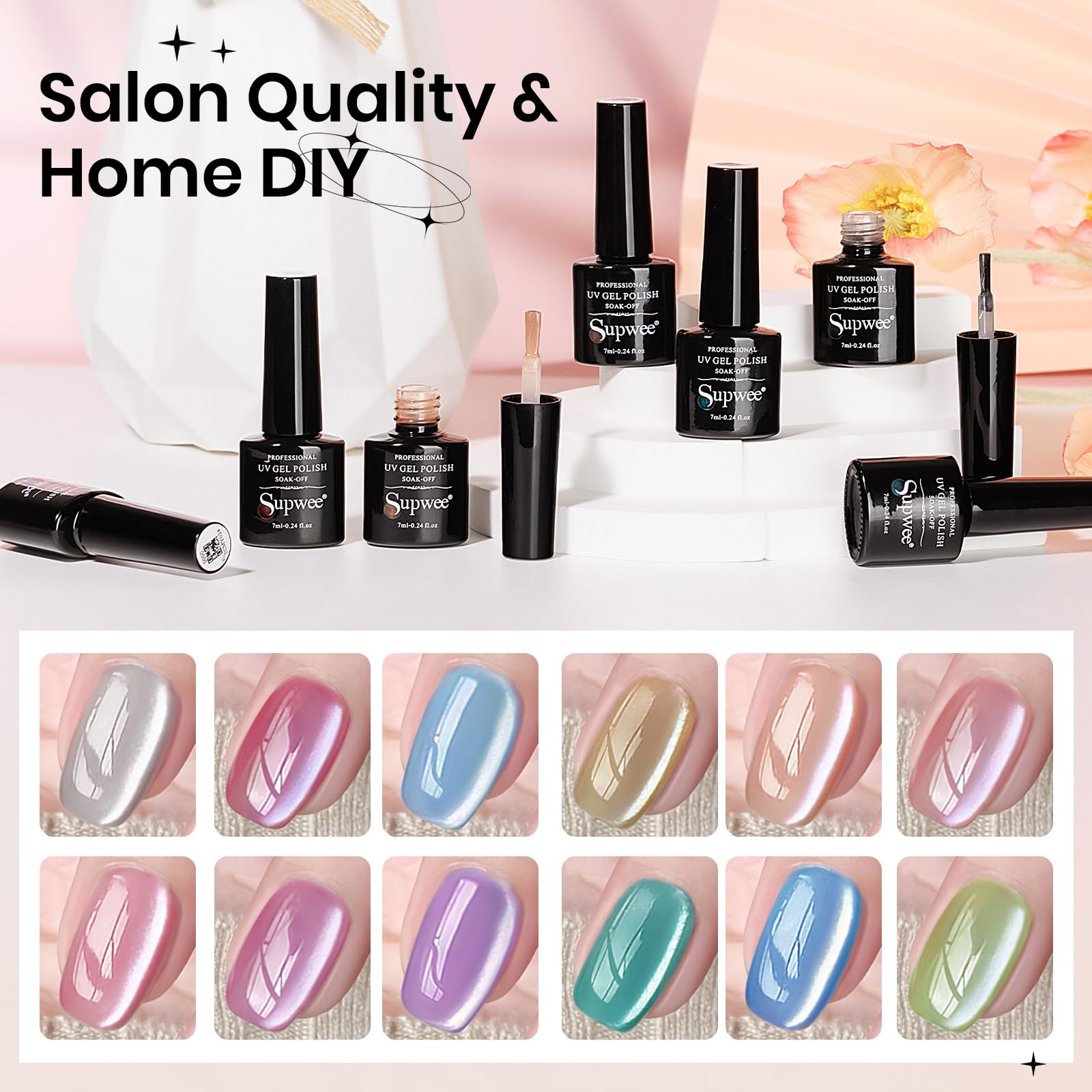 SUPWEE Cat Eye Gel Nail Polish – 12 Colors Silk Cateye Magnetic Gel Kit with Moonlight Shine