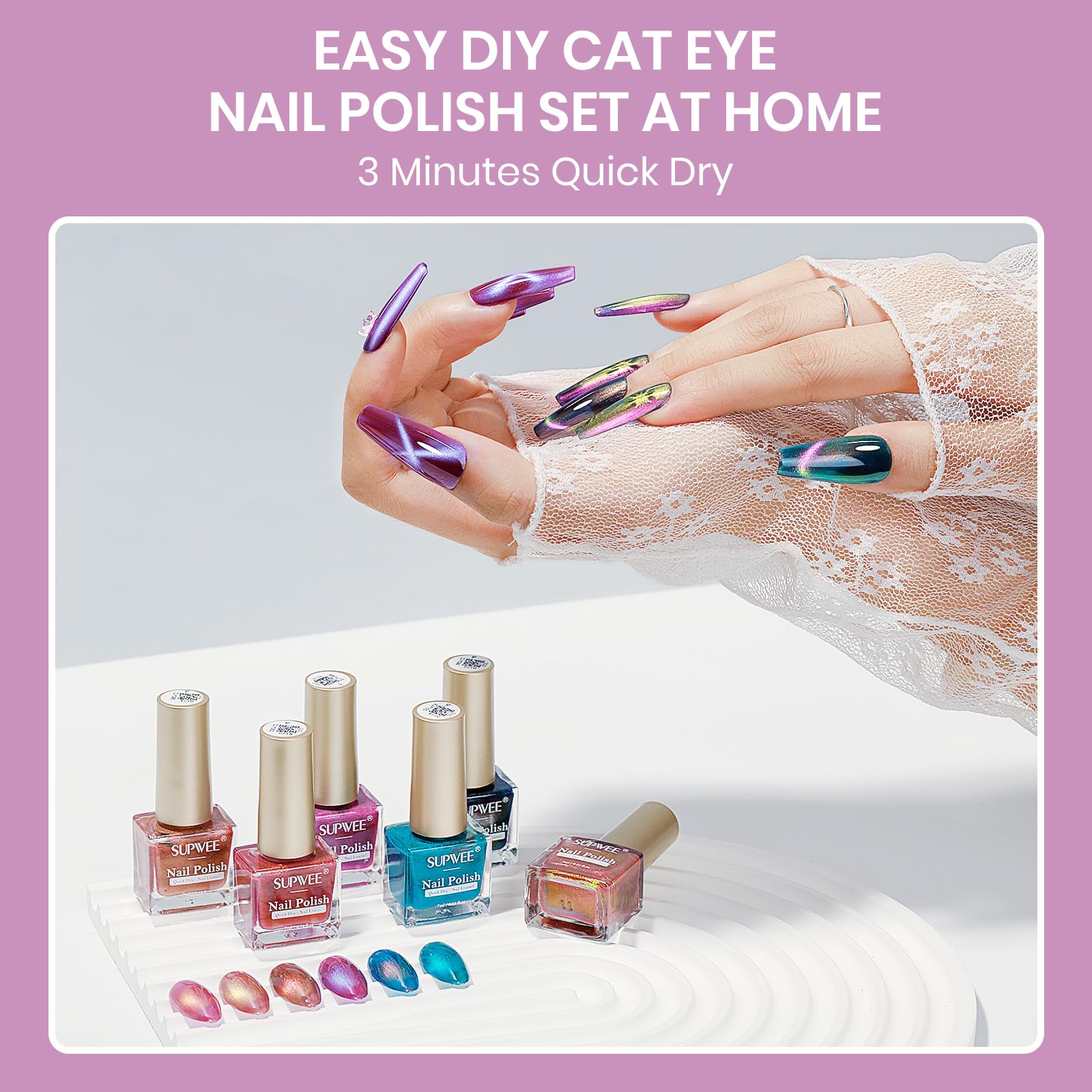 SUPWEE Quick Dry Cat Eye Nail Polish Set – Magnetic, Non-Gel, Air-Dry Gloss