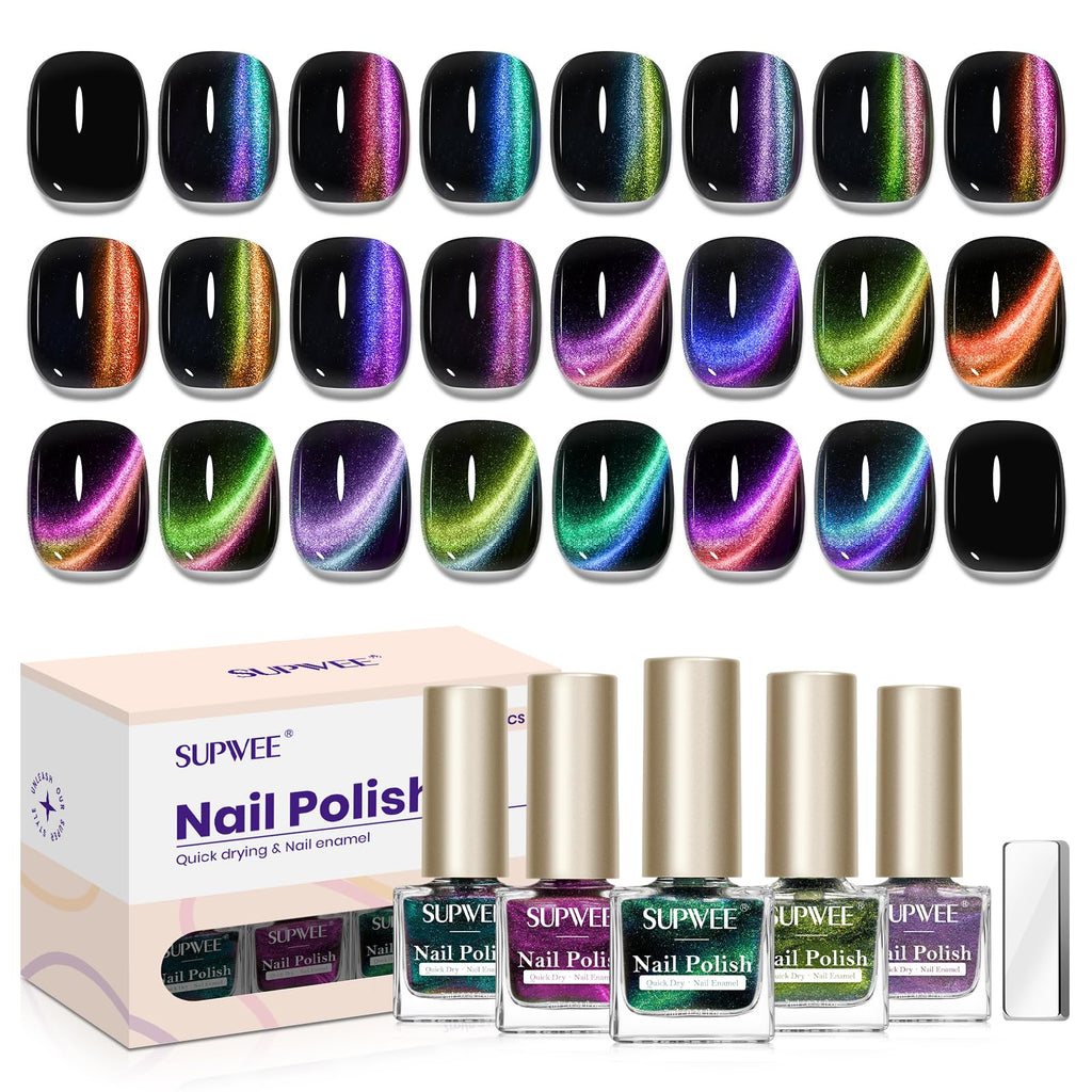 SUPWEE Magnetic Cat Eye Nail Polish Set – 12 Quick-Dry, Air-Dry, Non-Gel, Vegan