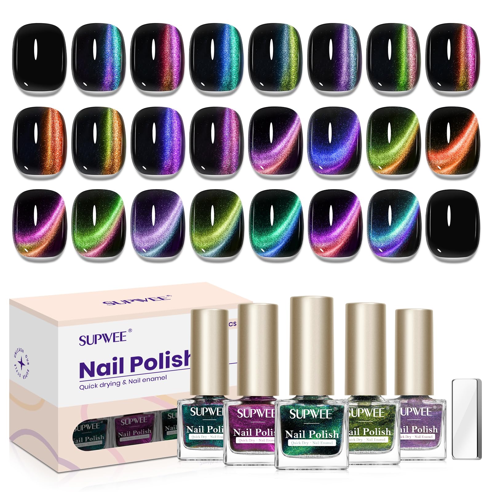 SUPWEE Magnetic Cat Eye Nail Polish Set – 12 Quick-Dry, Air-Dry, Non-Gel, Vegan