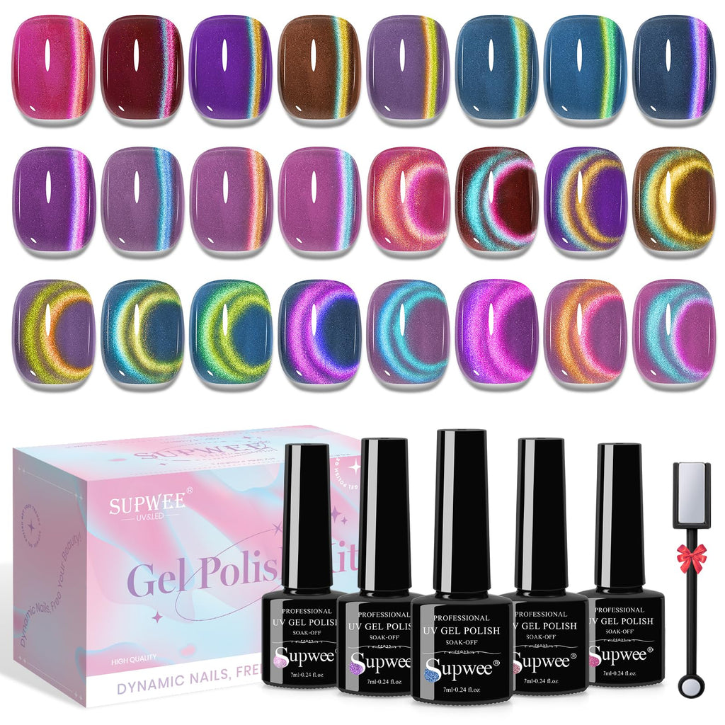 SUPWEE Magnetic Nail Polish Gel Kit – 12 Cat Eye Colors, Magnet, High Gloss, UV Cure