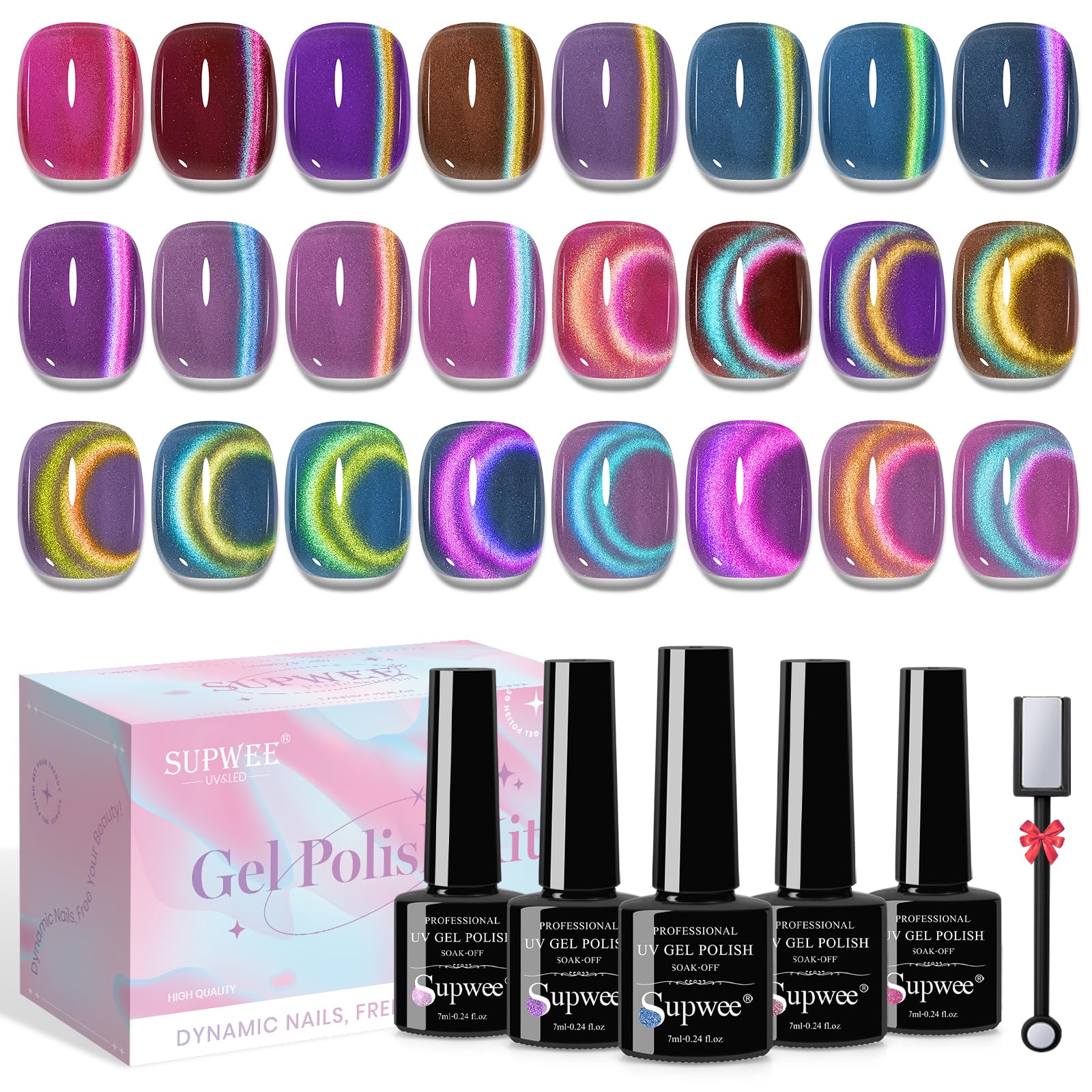 SUPWEE Magnetic Nail Polish Gel Kit – 12 Cat Eye Colors, Magnet, High Gloss, UV Cure