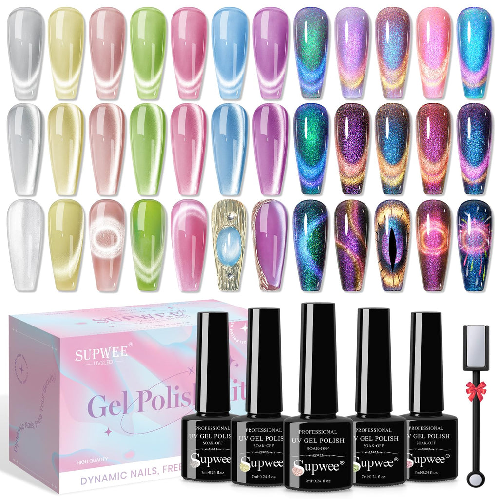 SUPWEE Moonlight & Chameleon Cat Eye Gel Polish Set — 12 Colors + Magnetic Stick for Galaxy Cateye Effects