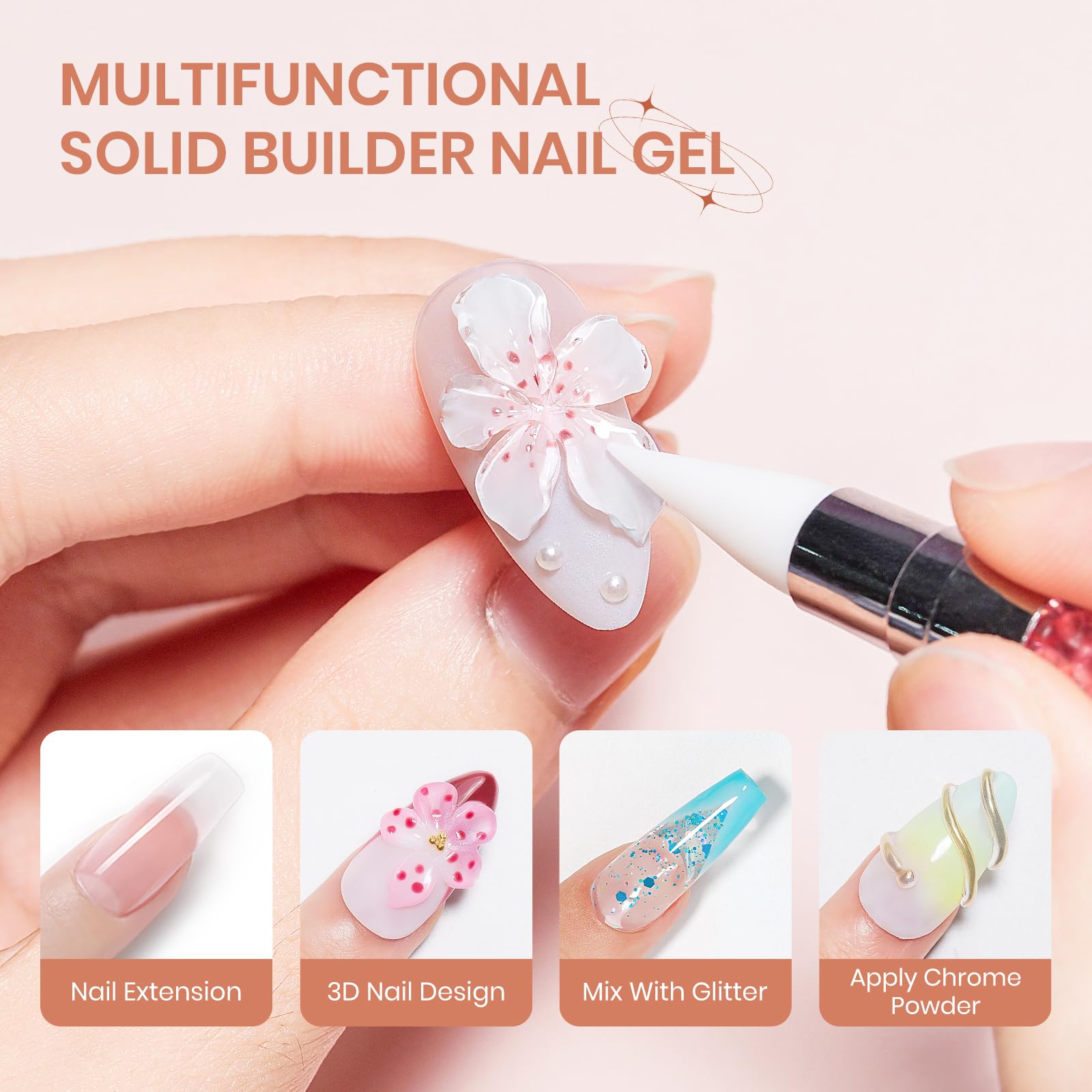 SUPWEE Solid Builder Nail Gel 60g – Clear 3D Sculpting Gel with Chrome Powder for Home DIY Manicure