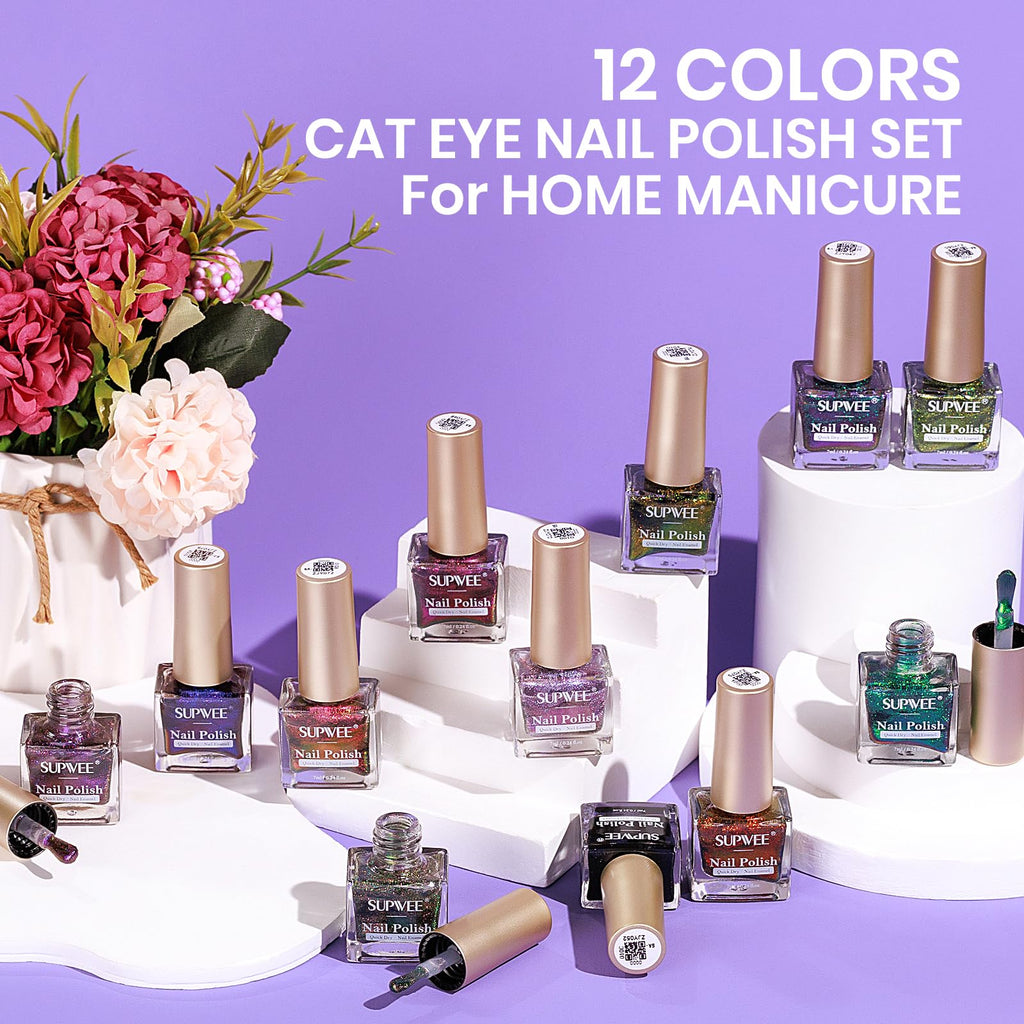 SUPWEE Magnetic Cat Eye Nail Polish Set – 12 Quick-Dry, Air-Dry, Non-Gel, Vegan