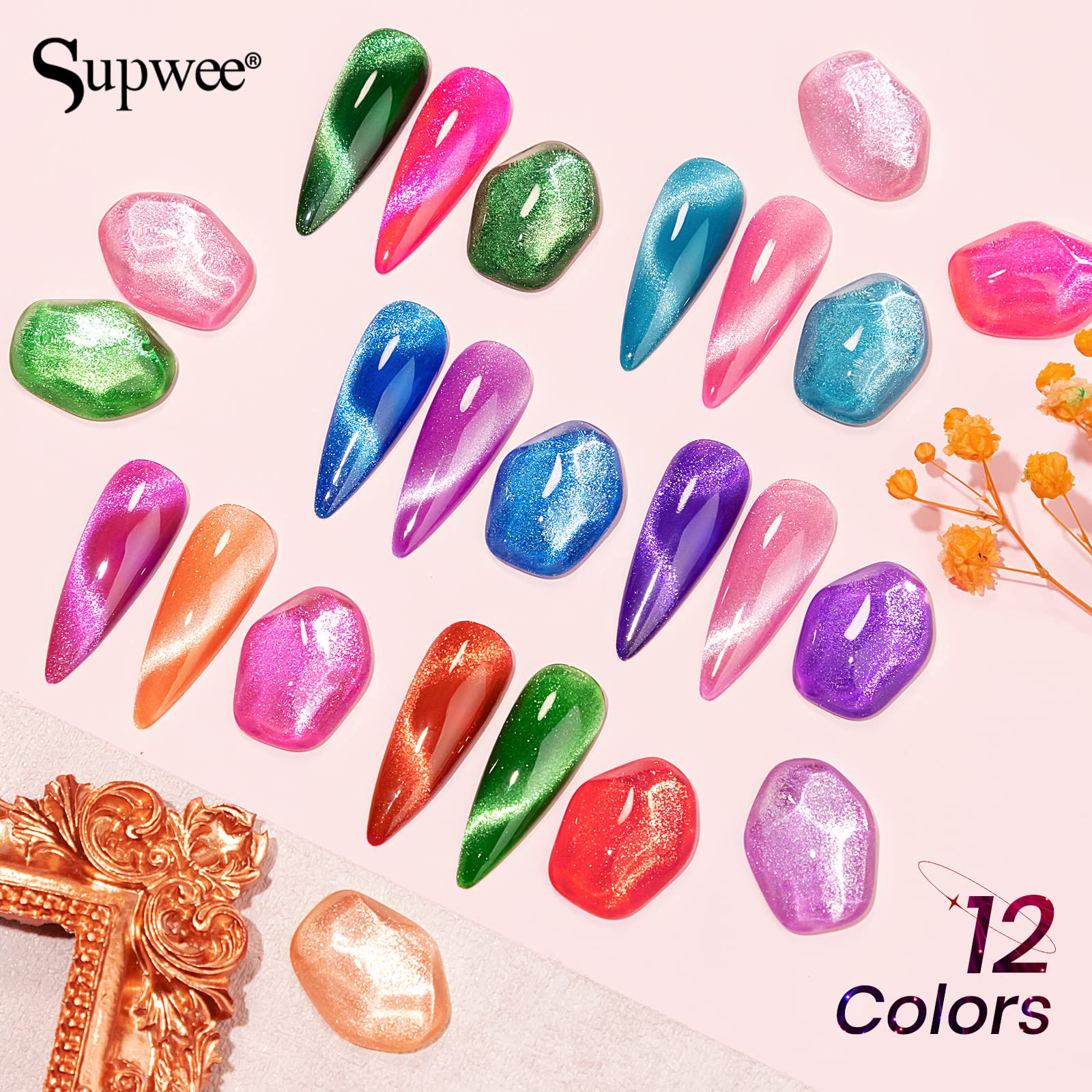 SUPWEE Neon Cat Eye Gel Polish Set with Magnetic Stick – 12 Neon UV Gels