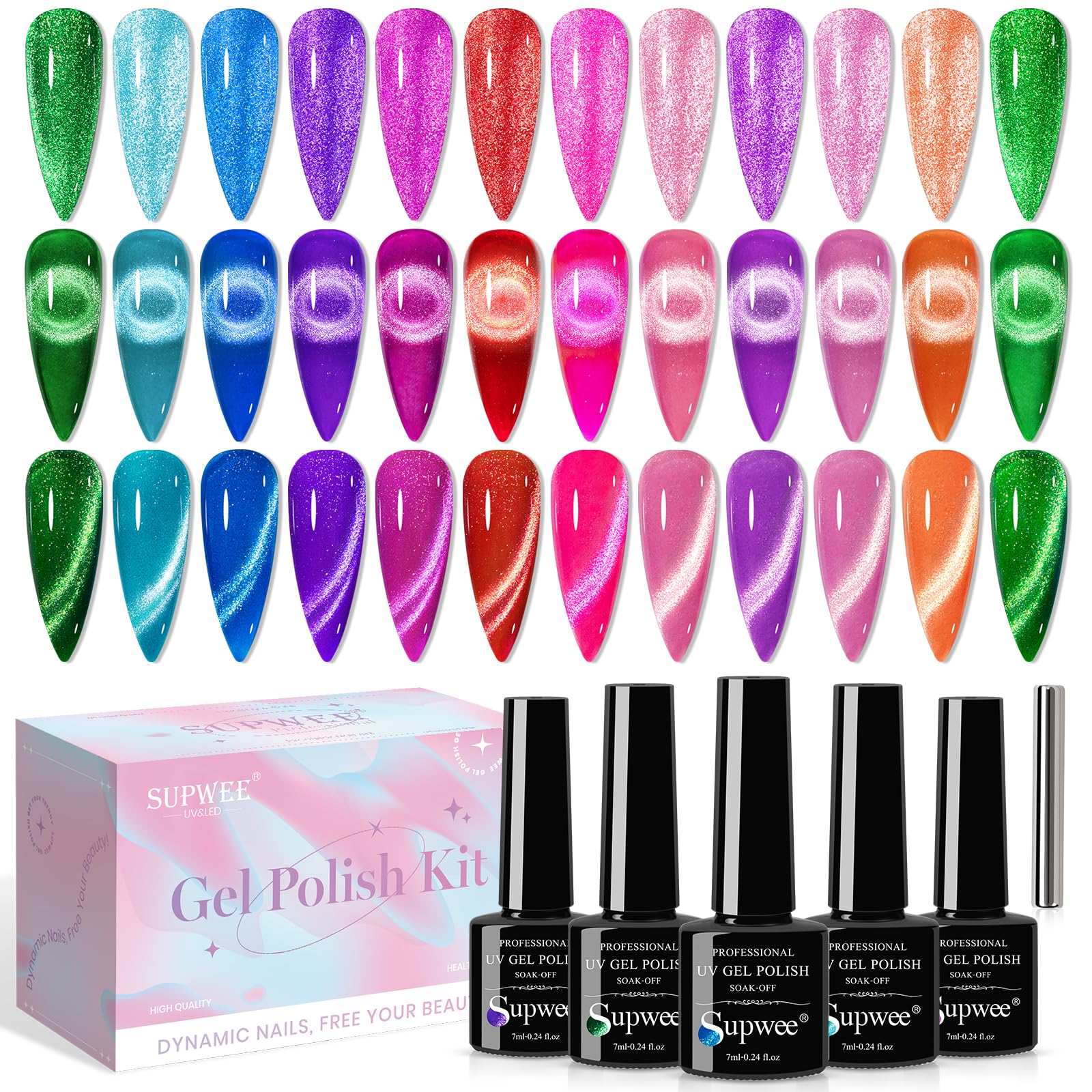 SUPWEE Neon Cat Eye Gel Polish Set with Magnetic Stick – 12 Neon UV Gels