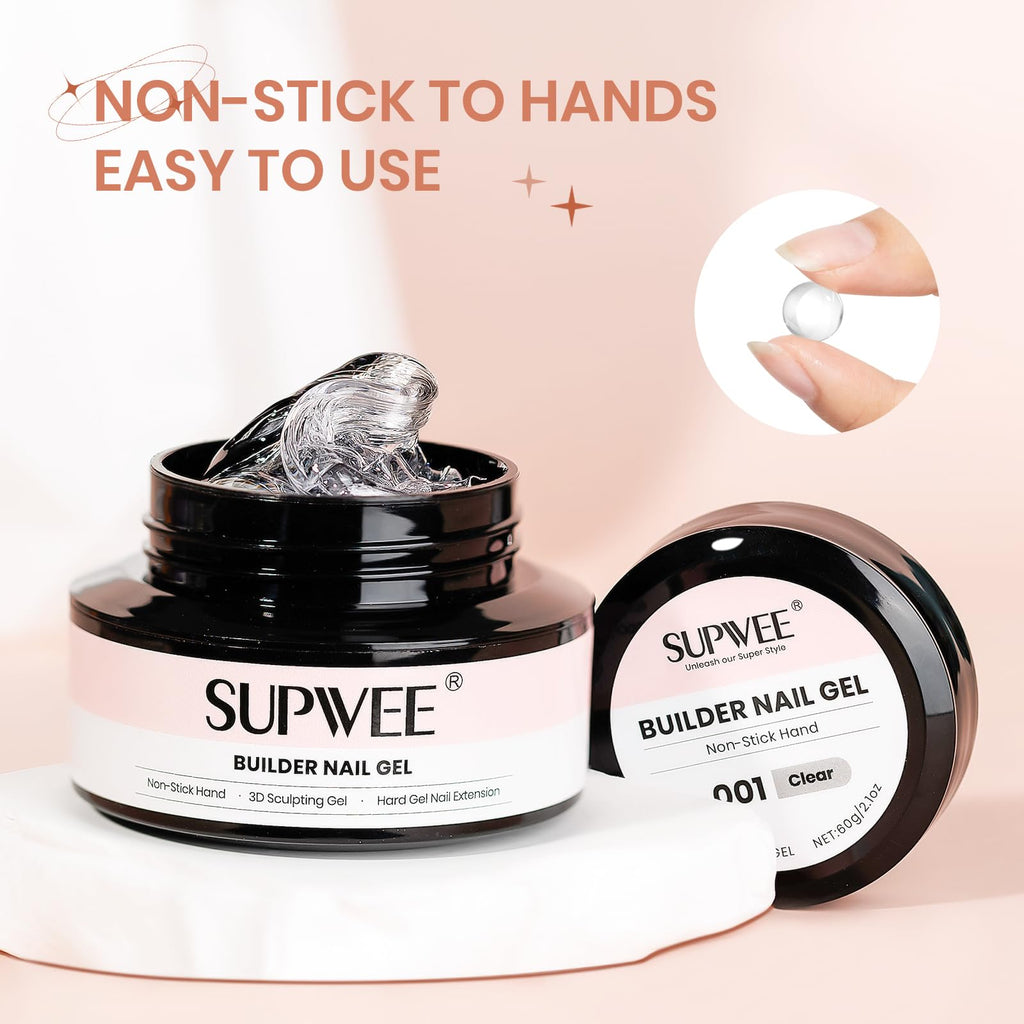 SUPWEE Solid Builder Nail Gel 60g – Clear 3D Sculpting Gel with Chrome Powder for Home DIY Manicure