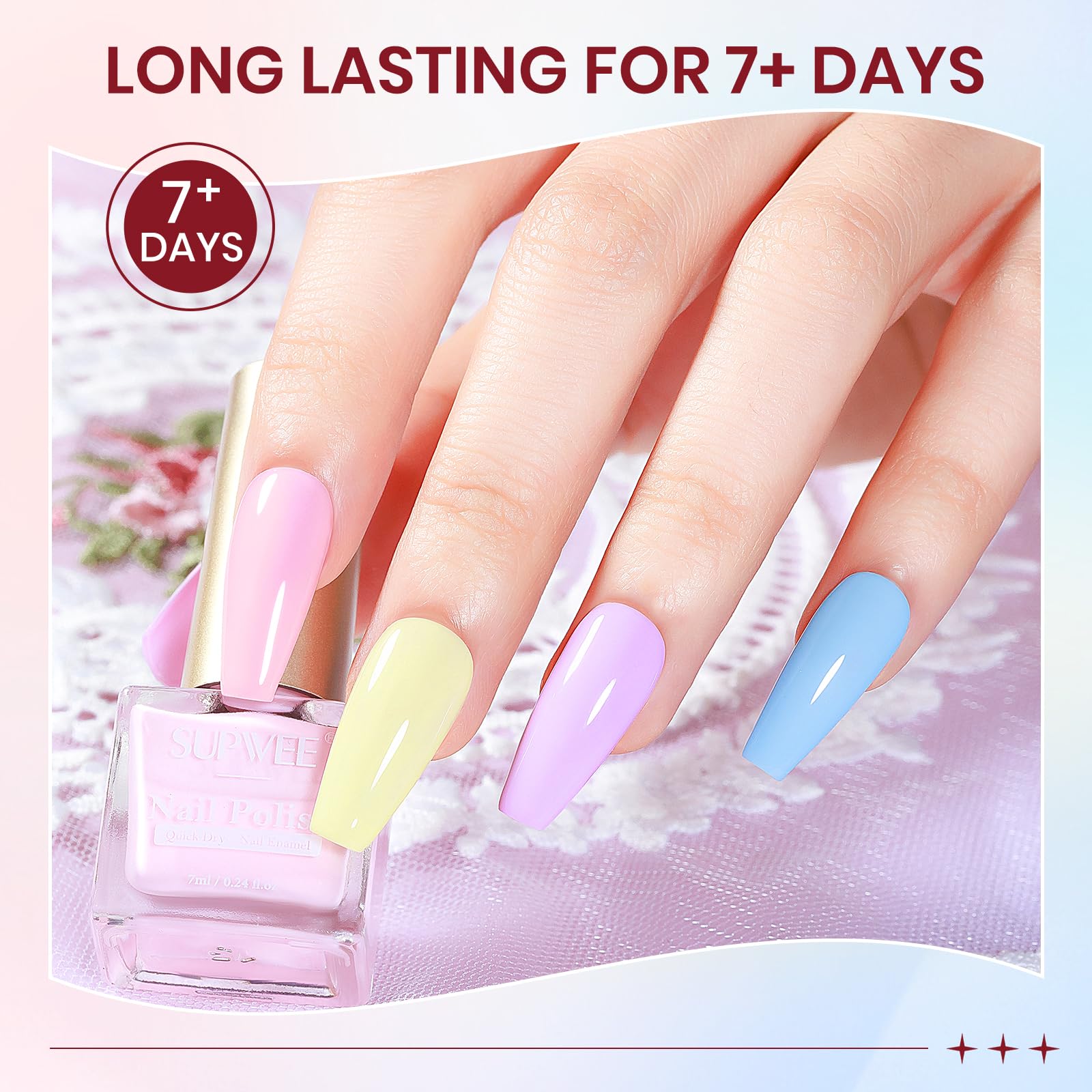 SUPWEE Pastel Nail Polish Set – Quick-Dry Macaron Shades (Pink, Yellow, Purple, Blue, Green)