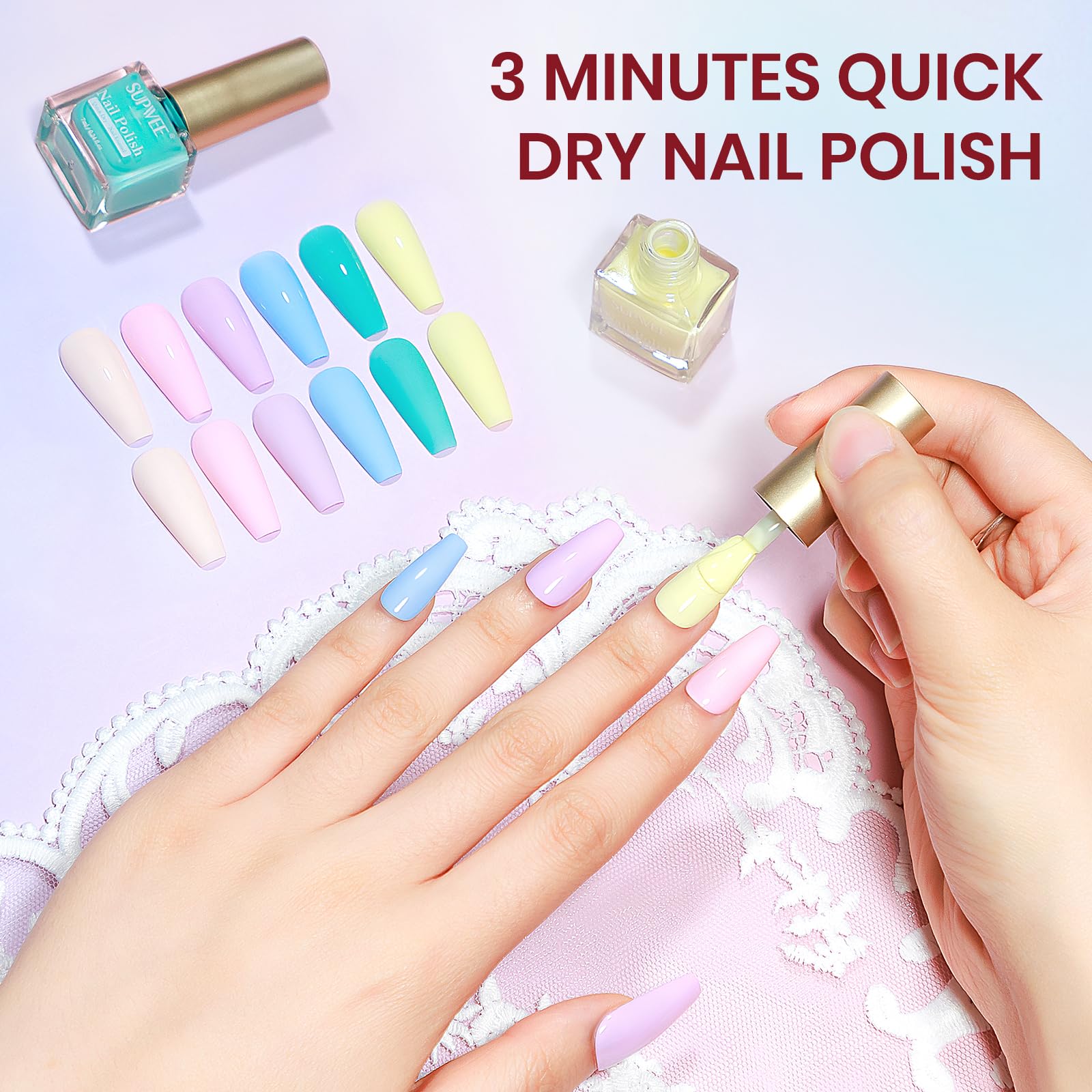 SUPWEE Pastel Nail Polish Set – Quick-Dry Macaron Shades (Pink, Yellow, Purple, Blue, Green)