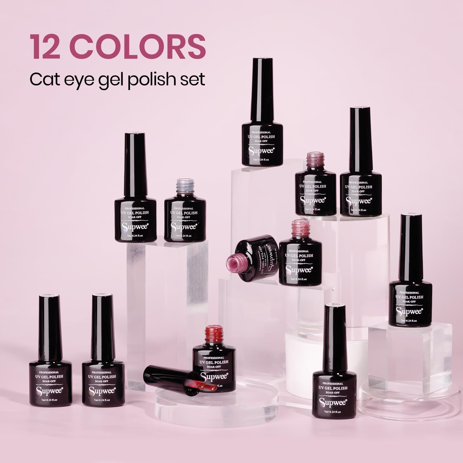 SUPWEE Cat Eye Gel Nail Polish Set – 12 Magnetic Colors, High-Gloss Finish, UV-Cure, Vegan & Non-Toxic, 0.24 fl oz