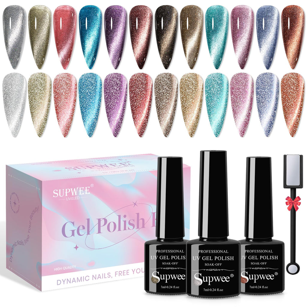 SUPWEE Reflective Cat Eye Gel Polish Set - 12 Colors with Magnet, 7ml Each