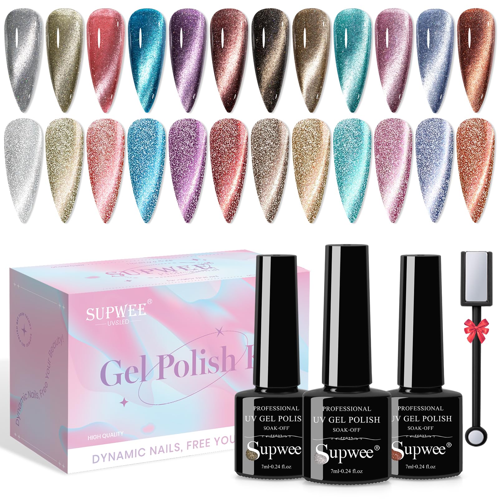 SUPWEE Reflective Cat Eye Gel Polish Set - 12 Colors with Magnet, 7ml Each