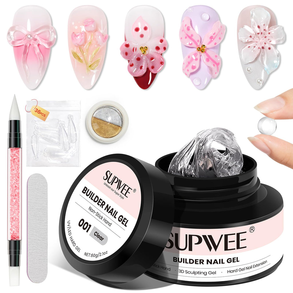 SUPWEE Solid Builder Nail Gel 60g – Clear 3D Sculpting Gel with Chrome Powder for Home DIY Manicure