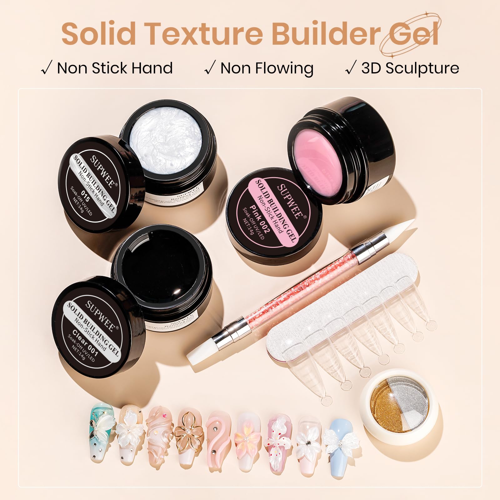 SUPWEE 3D Gel Nail Art Kit — Non-Stick Builder Gels for Extensions, Carving & DIY