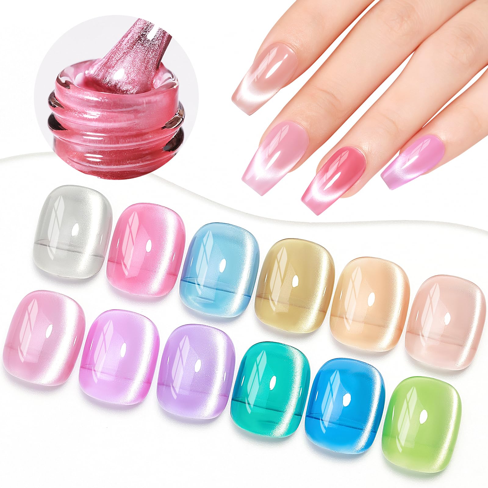 SUPWEE Cat Eye Gel Nail Polish – 12 Colors Silk Cateye Magnetic Gel Kit with Moonlight Shine