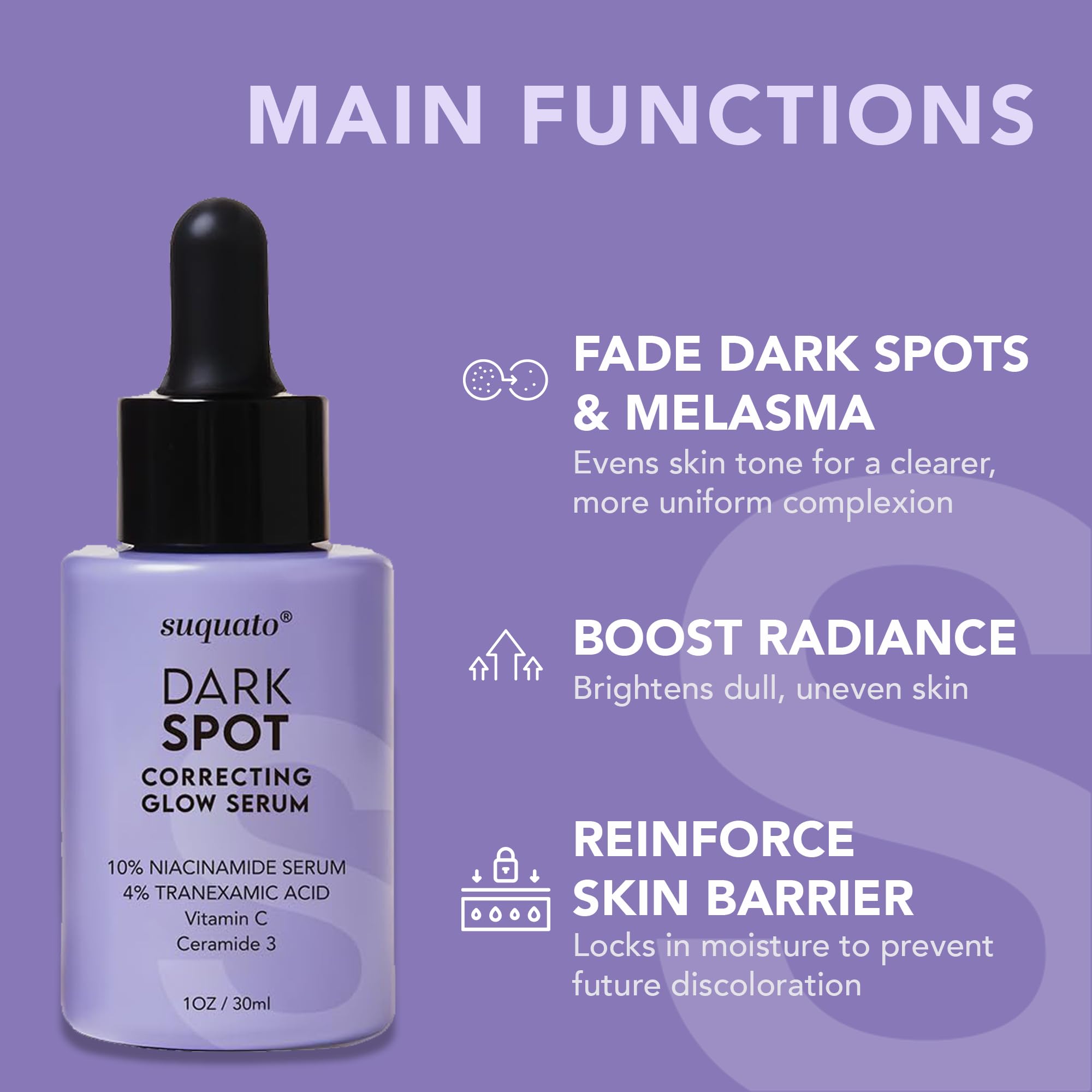 Suquato Dark Spot Remover Serum – Brighten, Correct Discoloration & Hydrate with Tranexamic Acid, Niacinamide & Vitamin C (30ml)