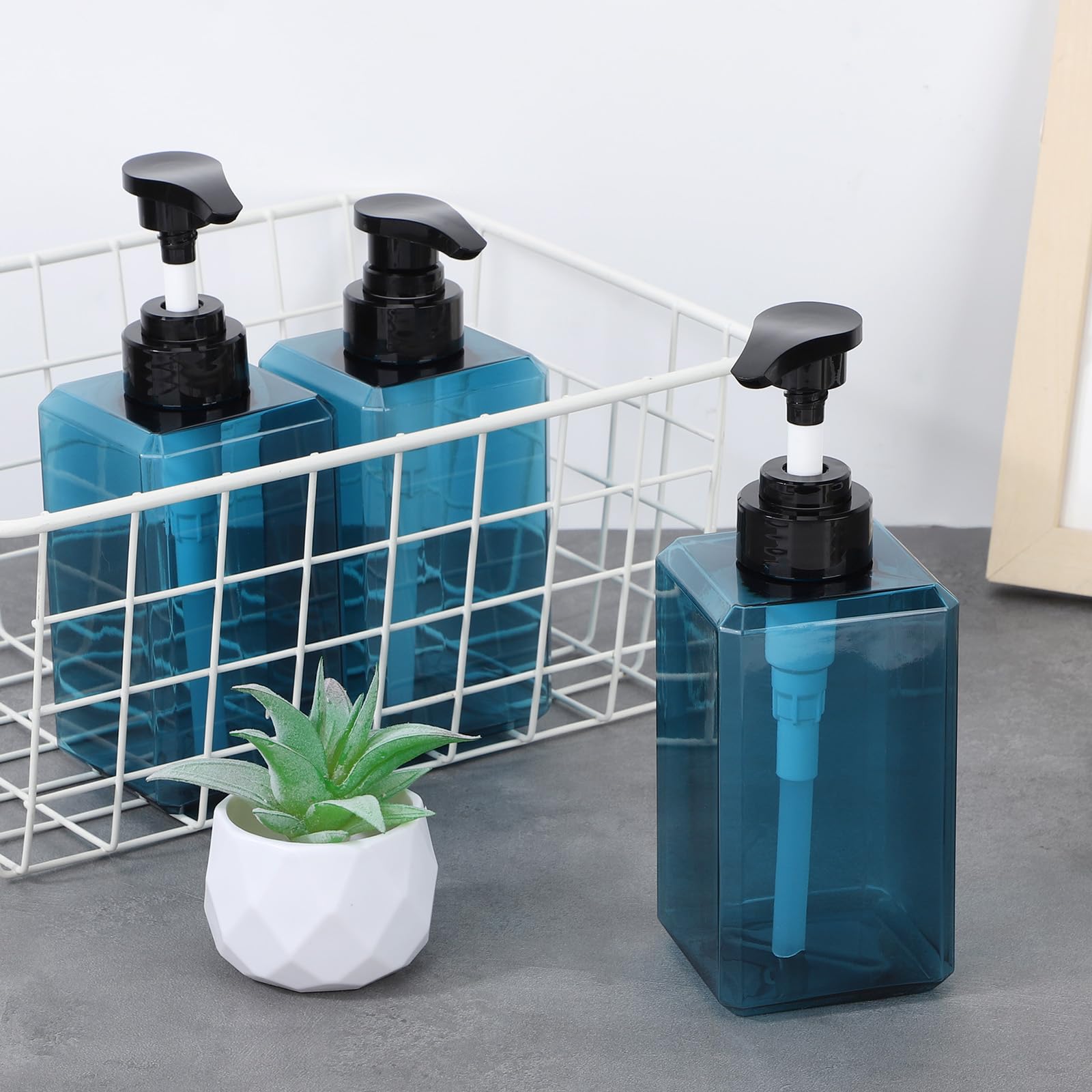 SUREAM 3-Pack 15oz Blue Square Pump Bottles with Labels – Shampoo, Conditioner, and Body Wash Dispenser