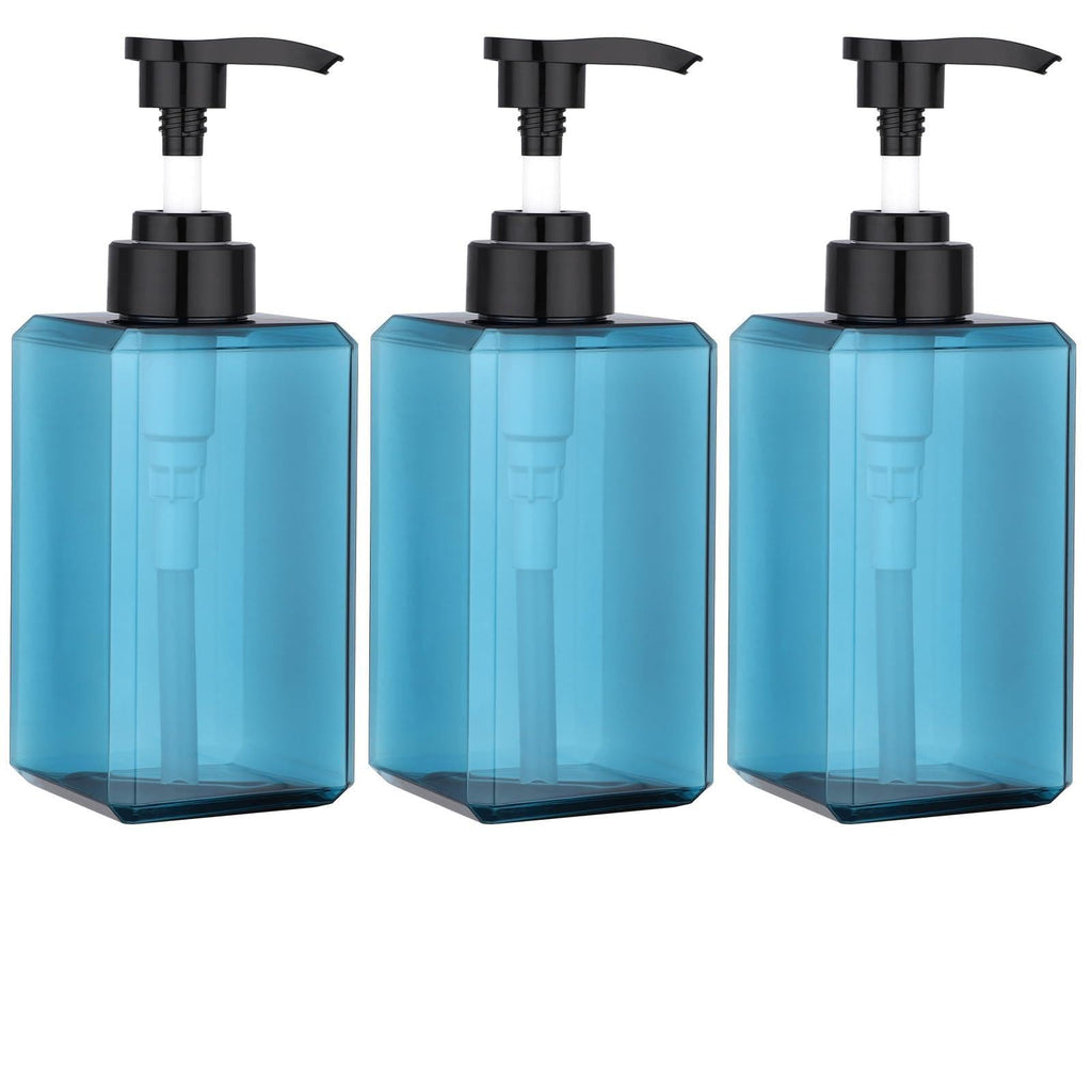 SUREAM 3-Pack 15oz Blue Square Pump Bottles with Labels – Shampoo, Conditioner, and Body Wash Dispenser