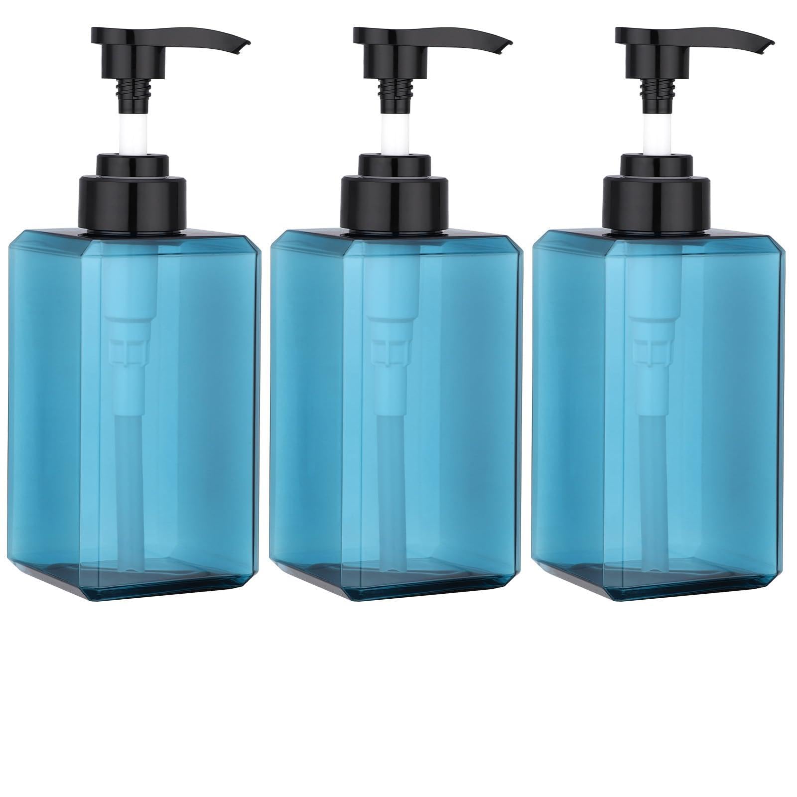 SUREAM 3-Pack 15oz Blue Square Pump Bottles with Labels – Shampoo, Conditioner, and Body Wash Dispenser