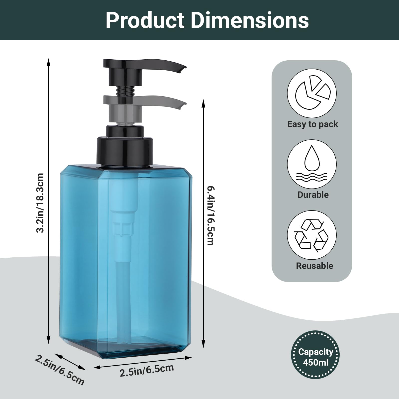 SUREAM 3-Pack 15oz Blue Square Pump Bottles with Labels – Shampoo, Conditioner, and Body Wash Dispenser
