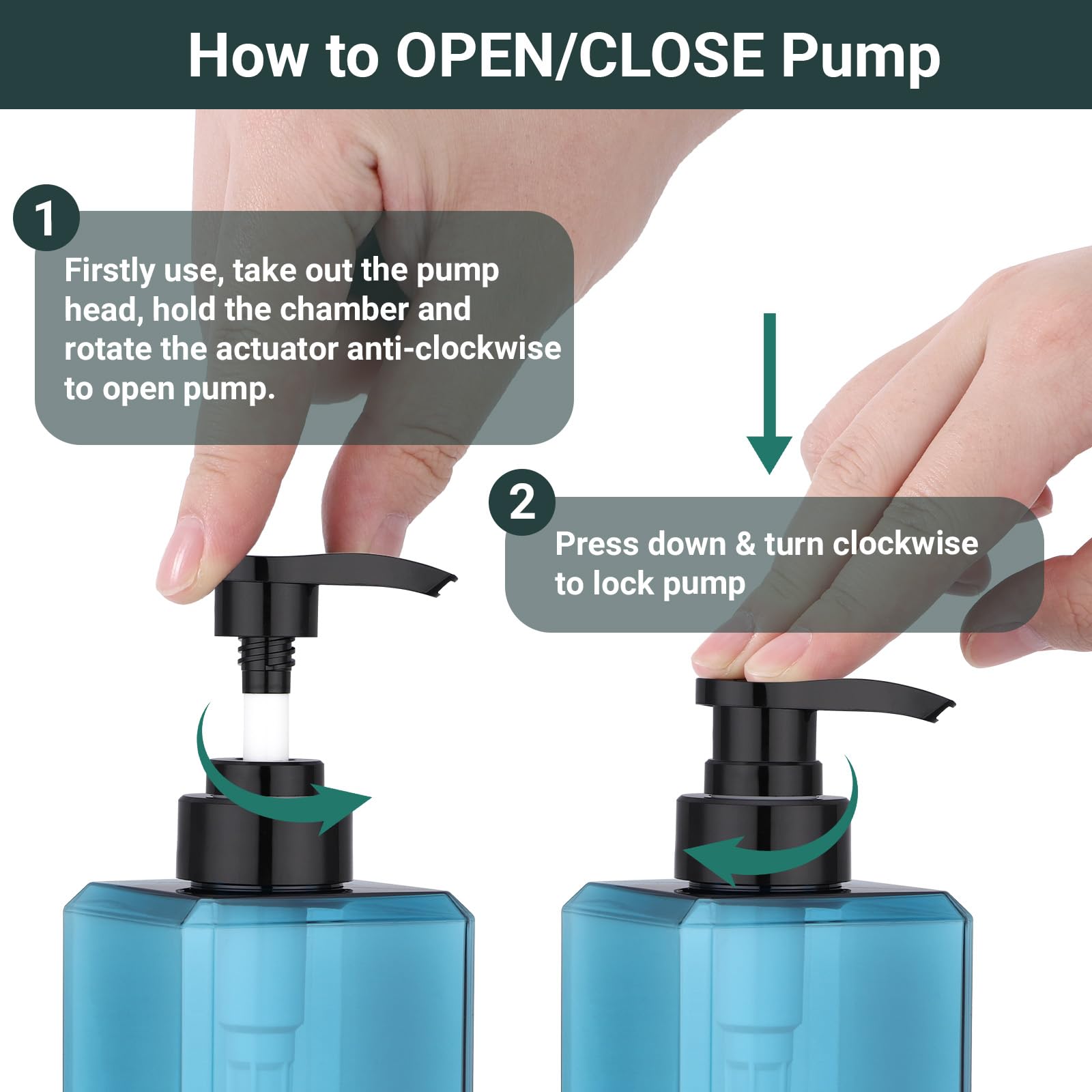 SUREAM 3-Pack 15oz Blue Square Pump Bottles with Labels – Shampoo, Conditioner, and Body Wash Dispenser