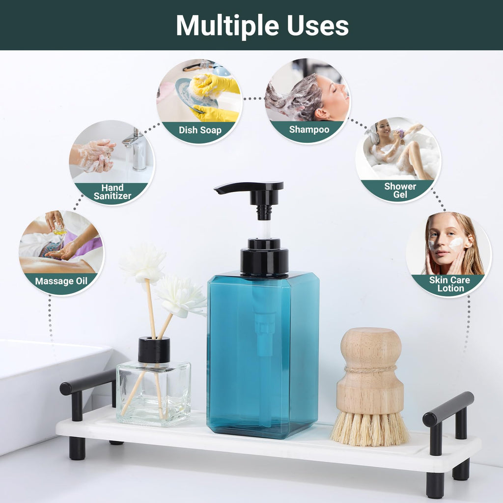 SUREAM 3-Pack 15oz Blue Square Pump Bottles with Labels – Shampoo, Conditioner, and Body Wash Dispenser