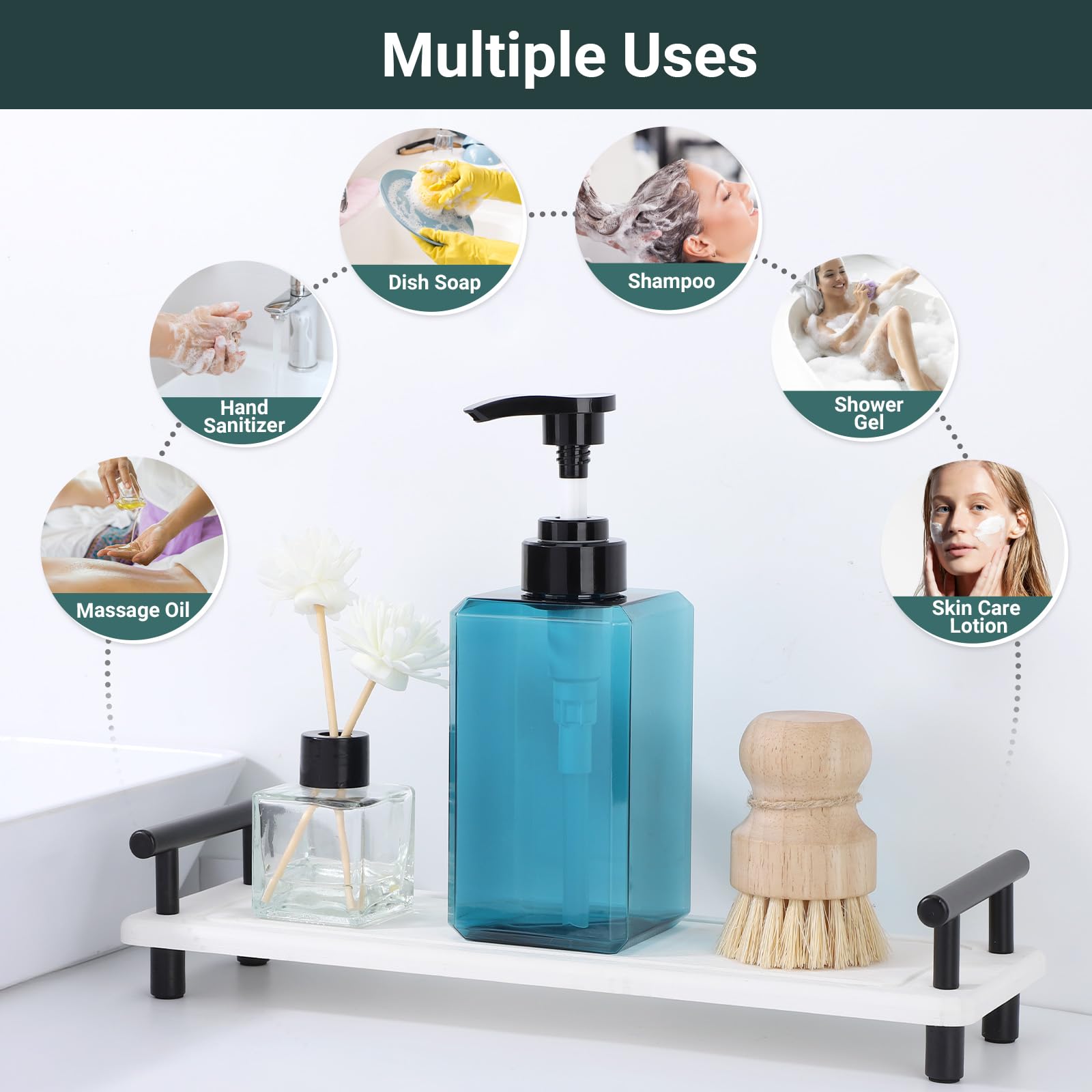 SUREAM 3-Pack 15oz Blue Square Pump Bottles with Labels – Shampoo, Conditioner, and Body Wash Dispenser
