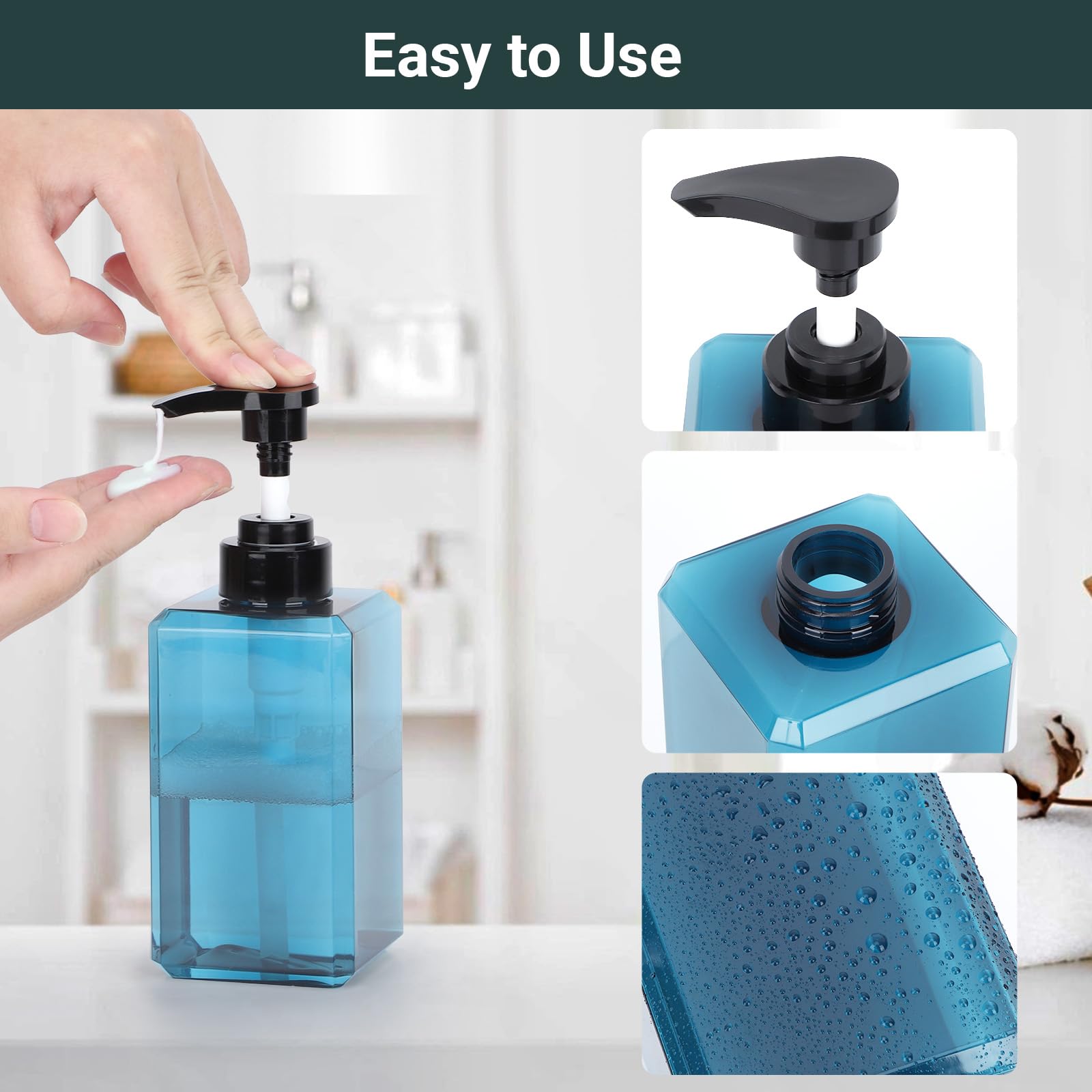 SUREAM 3-Pack 15oz Blue Square Pump Bottles with Labels – Shampoo, Conditioner, and Body Wash Dispenser
