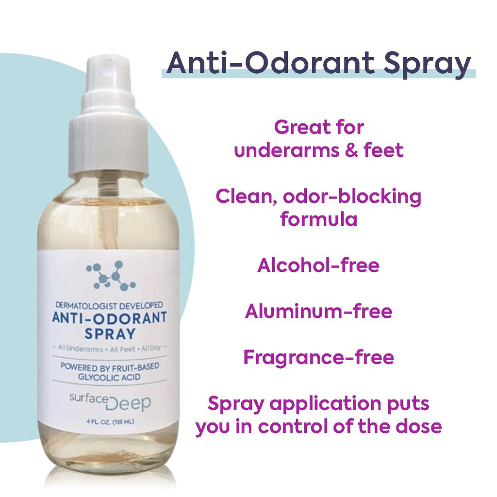 Surface Deep Natural Spray Deodorant – Aluminum-Free, Vegan, Dermatologist-Developed | Odor Prevention for Underarms & Feet